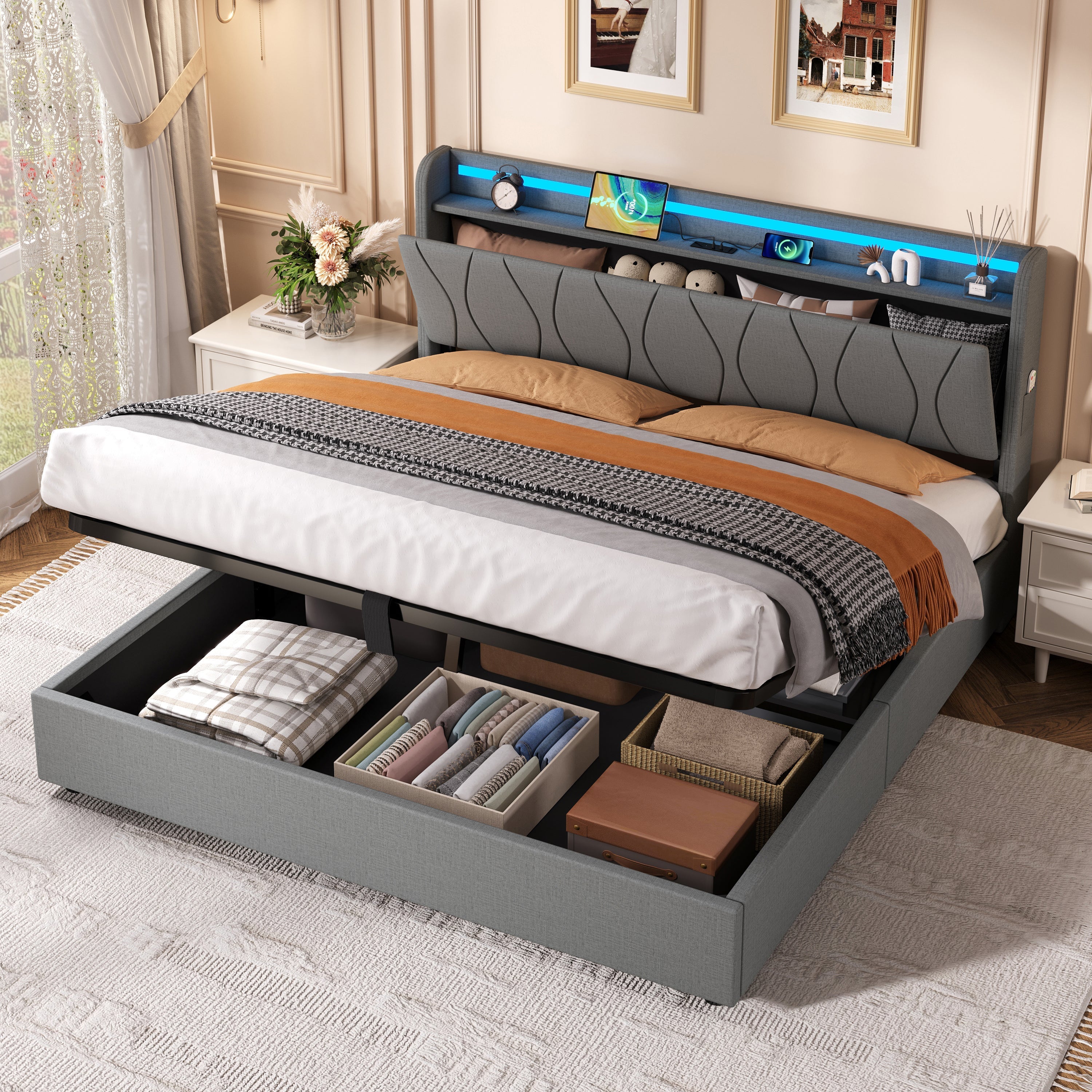 5ft King Upholstered Bed Frame, Hydraulic Storage LED Headboard with Charging Station, Linen Grey