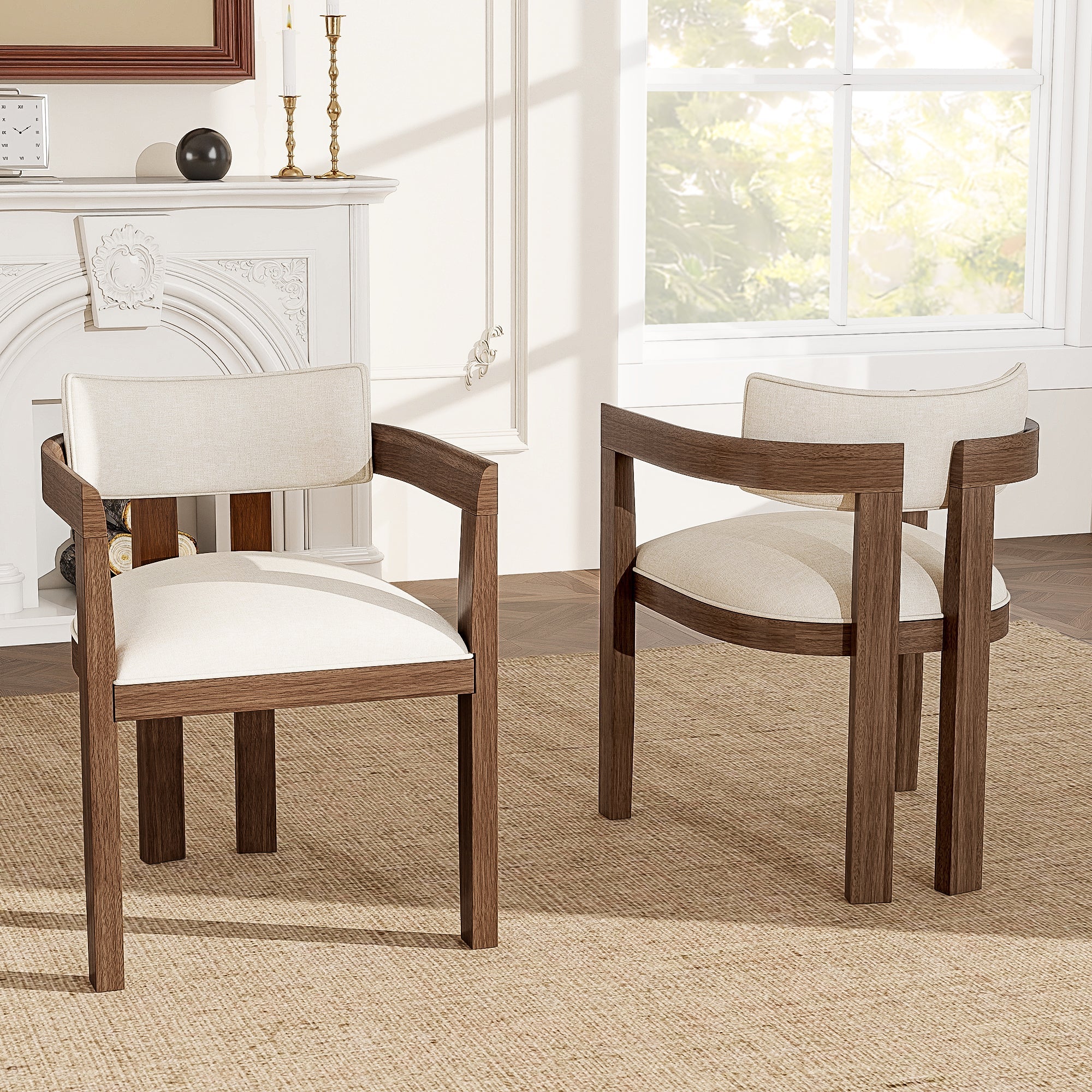Solid Wood Dining Chairs Set of 6, Modern and Breathable Linen, Walnut Wood Color