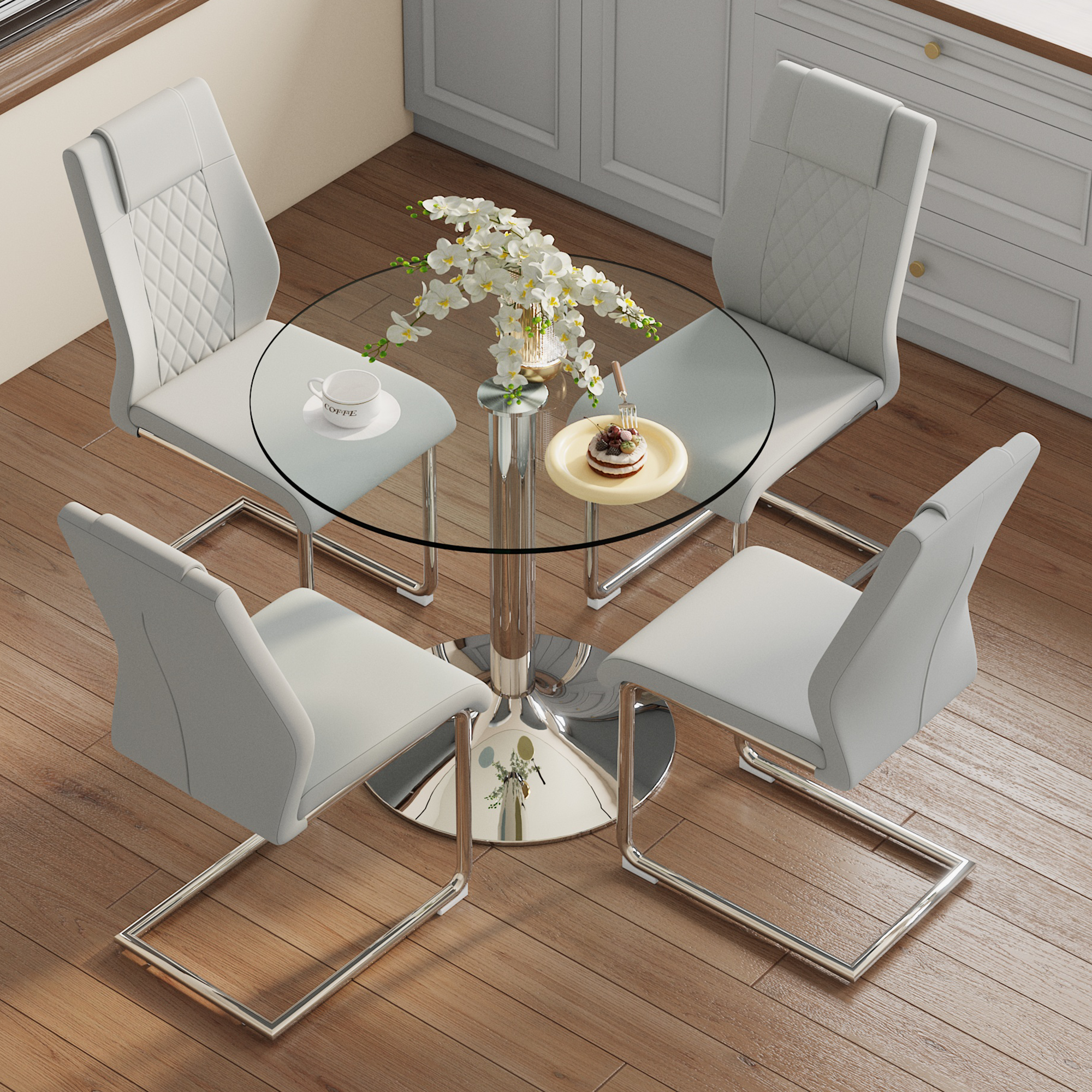 Dining Set 85cm Glass Table 4 Chairs Metal Legs - Light Grey PU