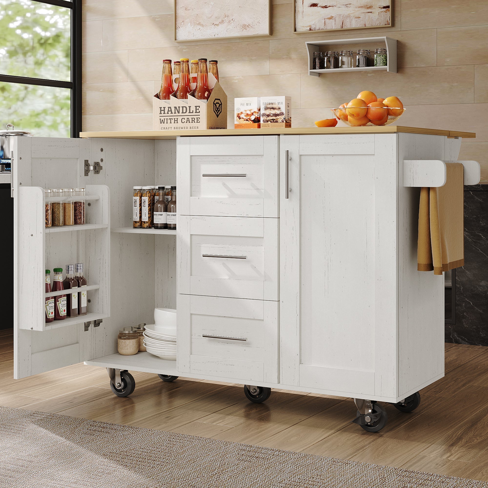 Kitchen Island Mobile Worktop Storage Removable Partitions - White