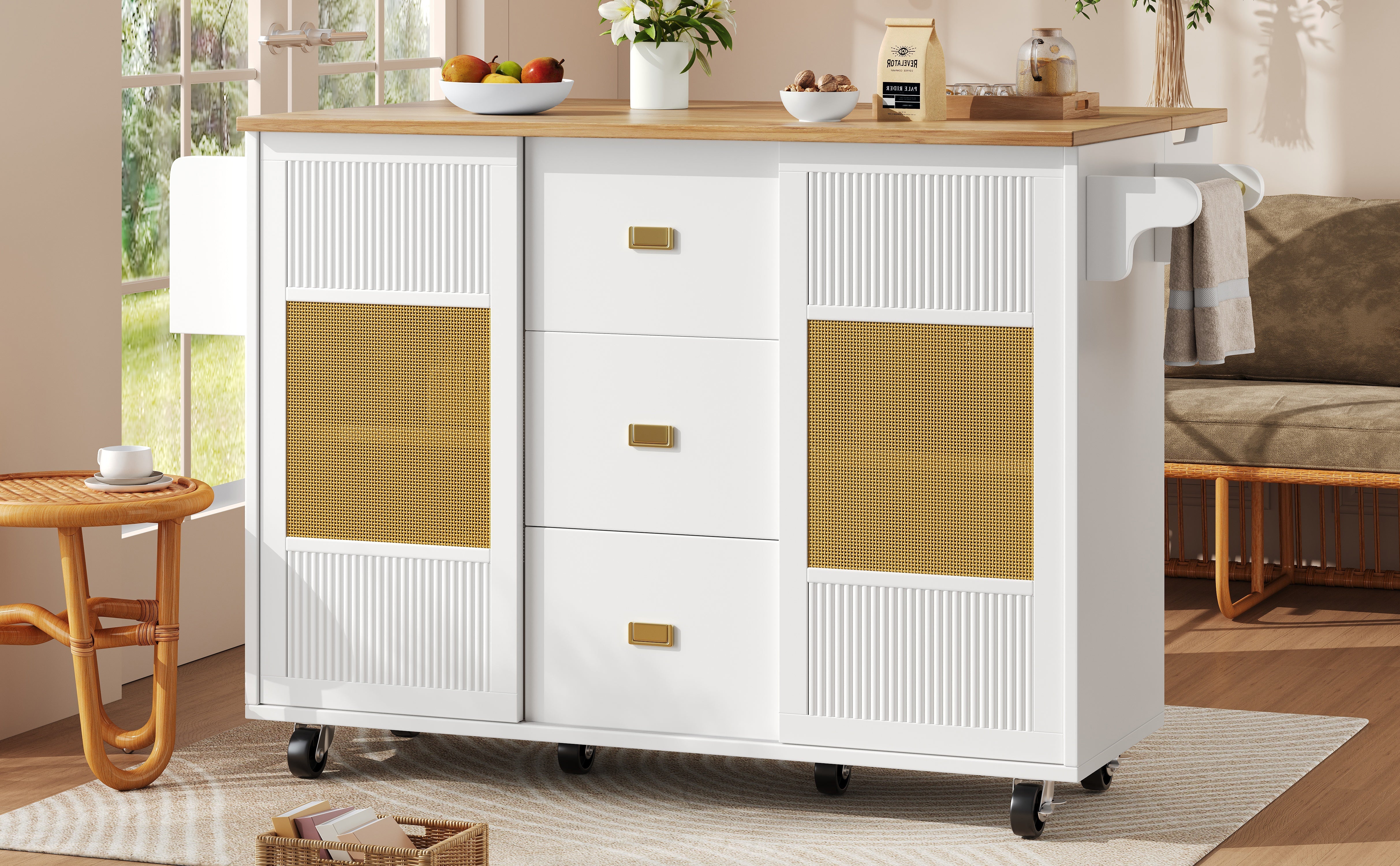 Kitchen Island Extendable with Wheels, Adjustable Shelves & Storage - White