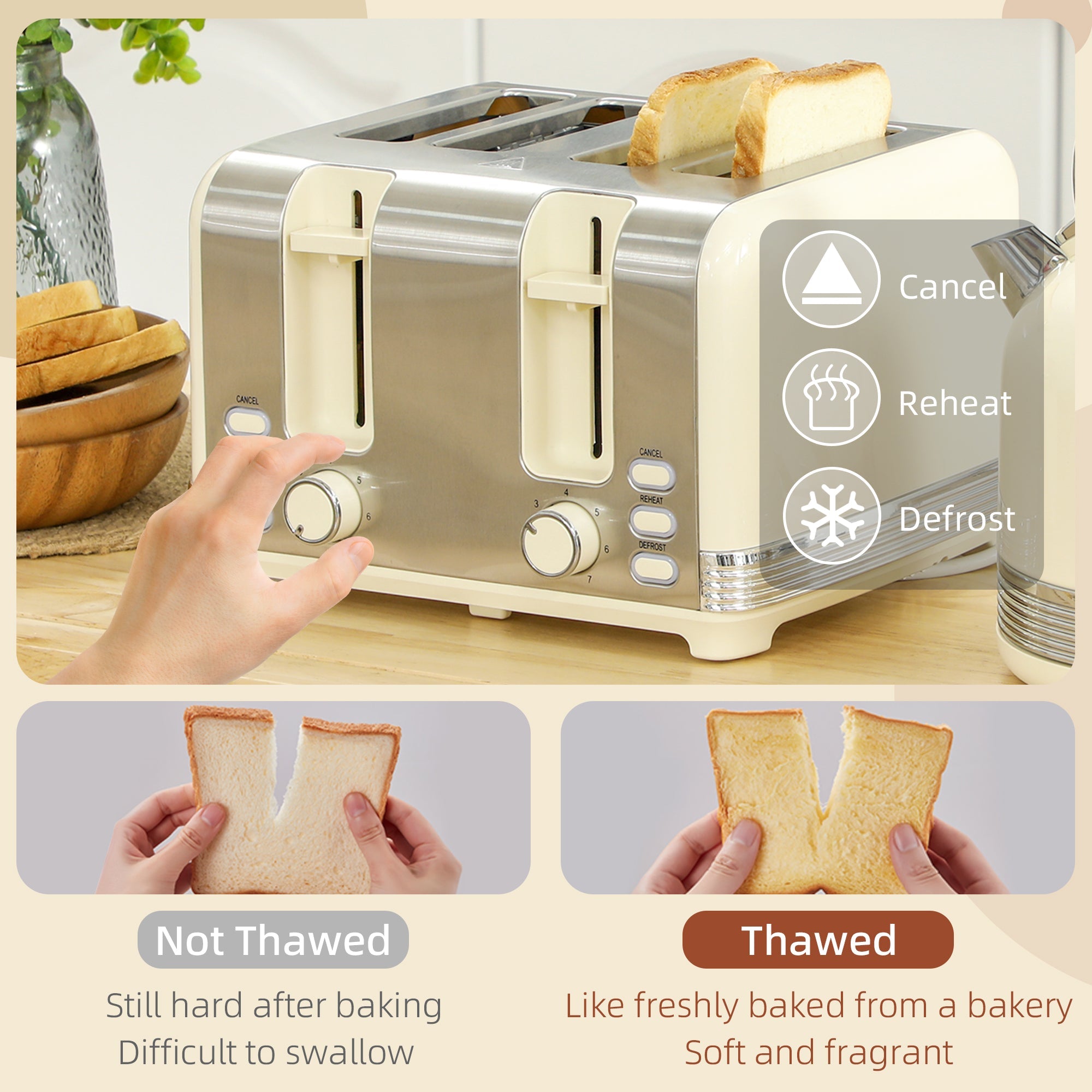 Kettle and Toaster Set Polished Metal Cream