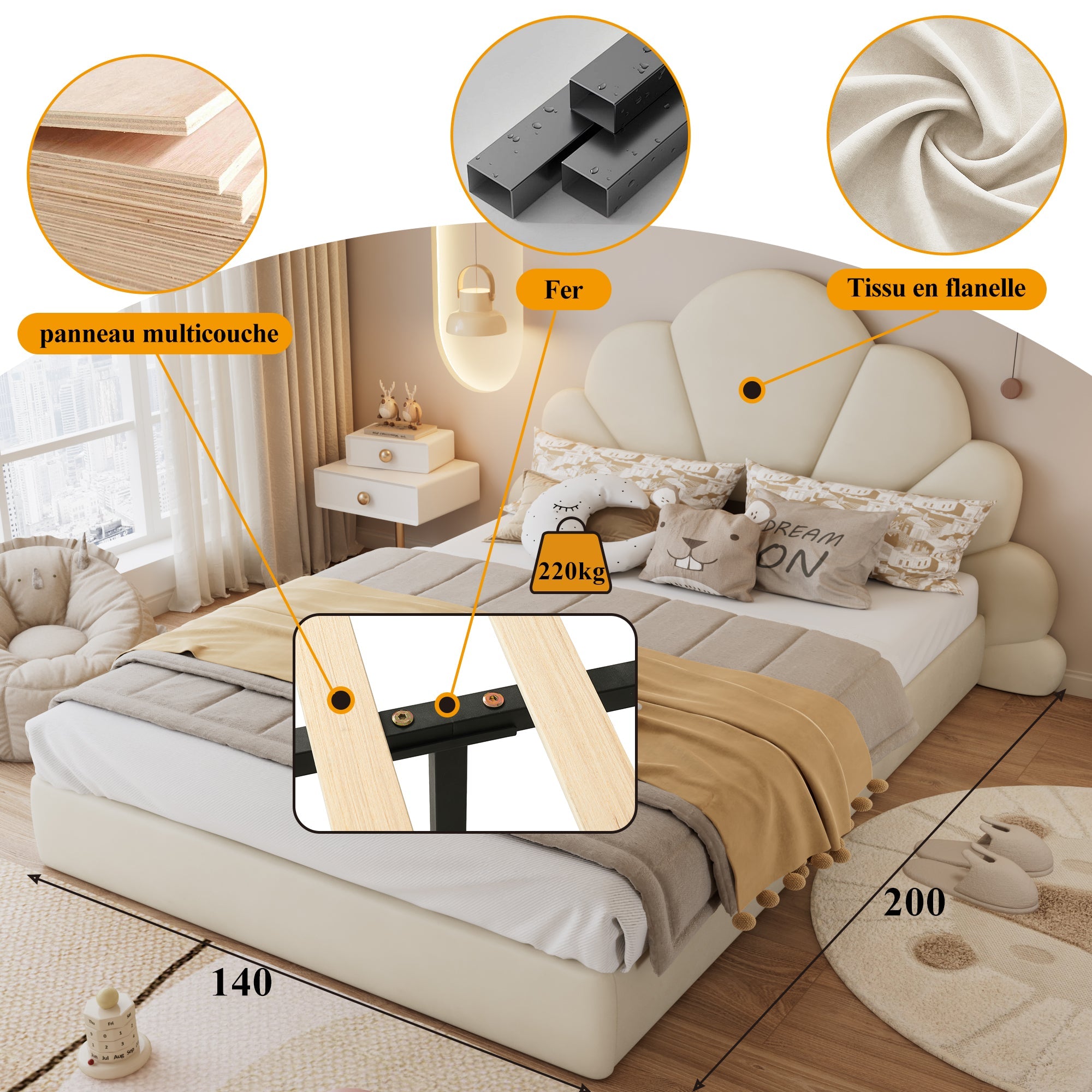 Upholstered Bed, Curved Petals, Modern Frame, Velvet Beige