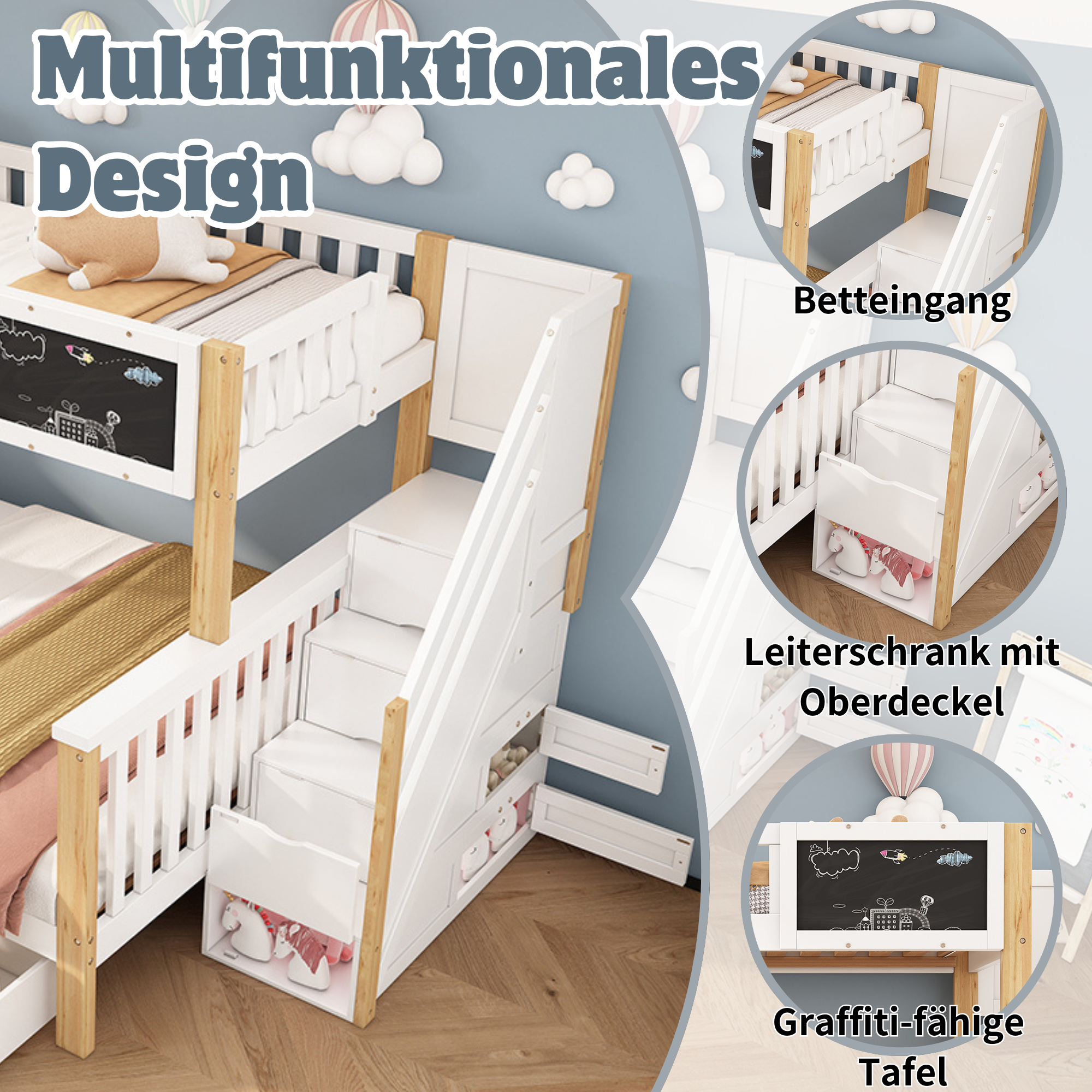 Children's Bunk Bed Multifunctional Chalkboard Drawers 90x200/140x200 - White/Light Oak