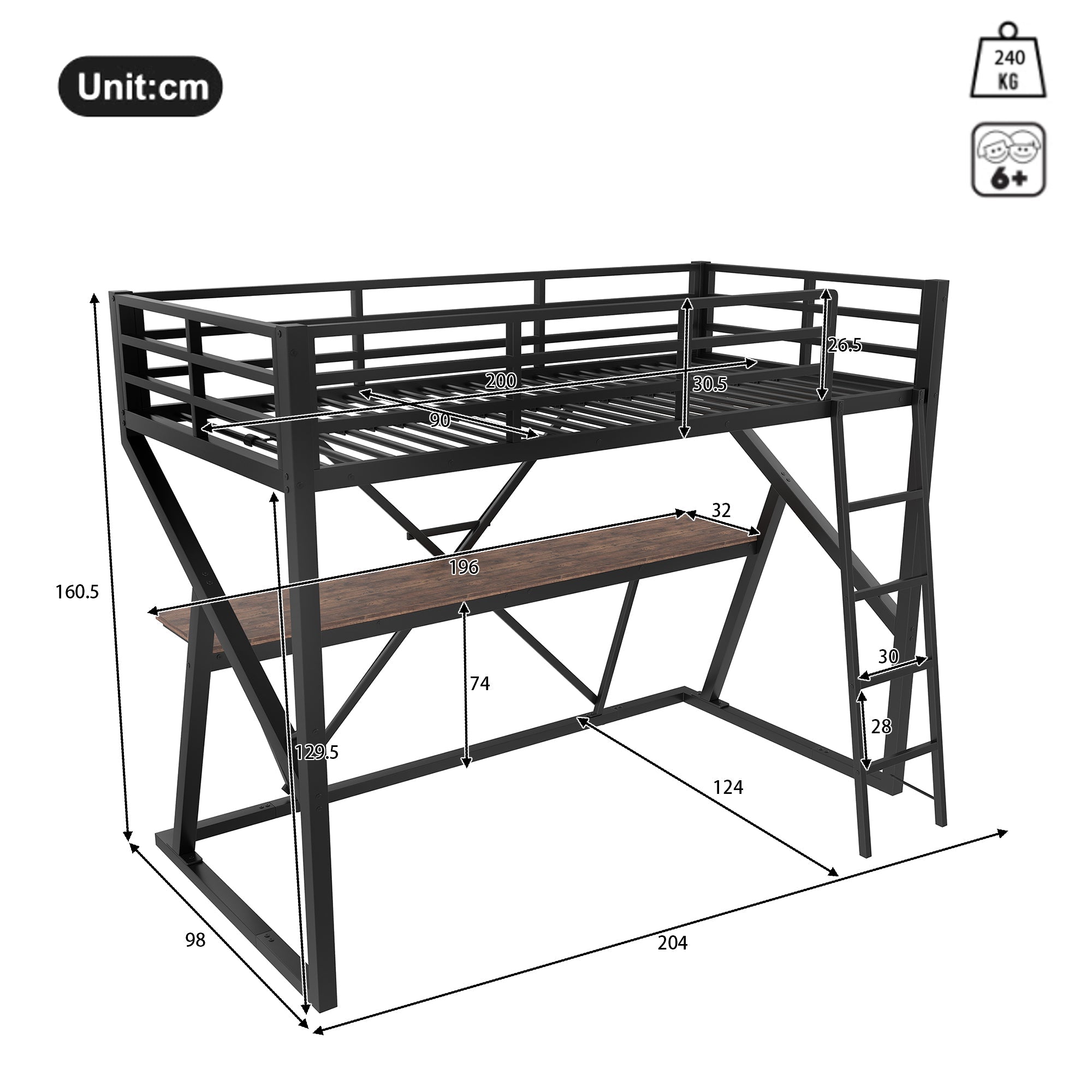 Loft Bed 90x200cm LED Strip Desk Iron Frame Black