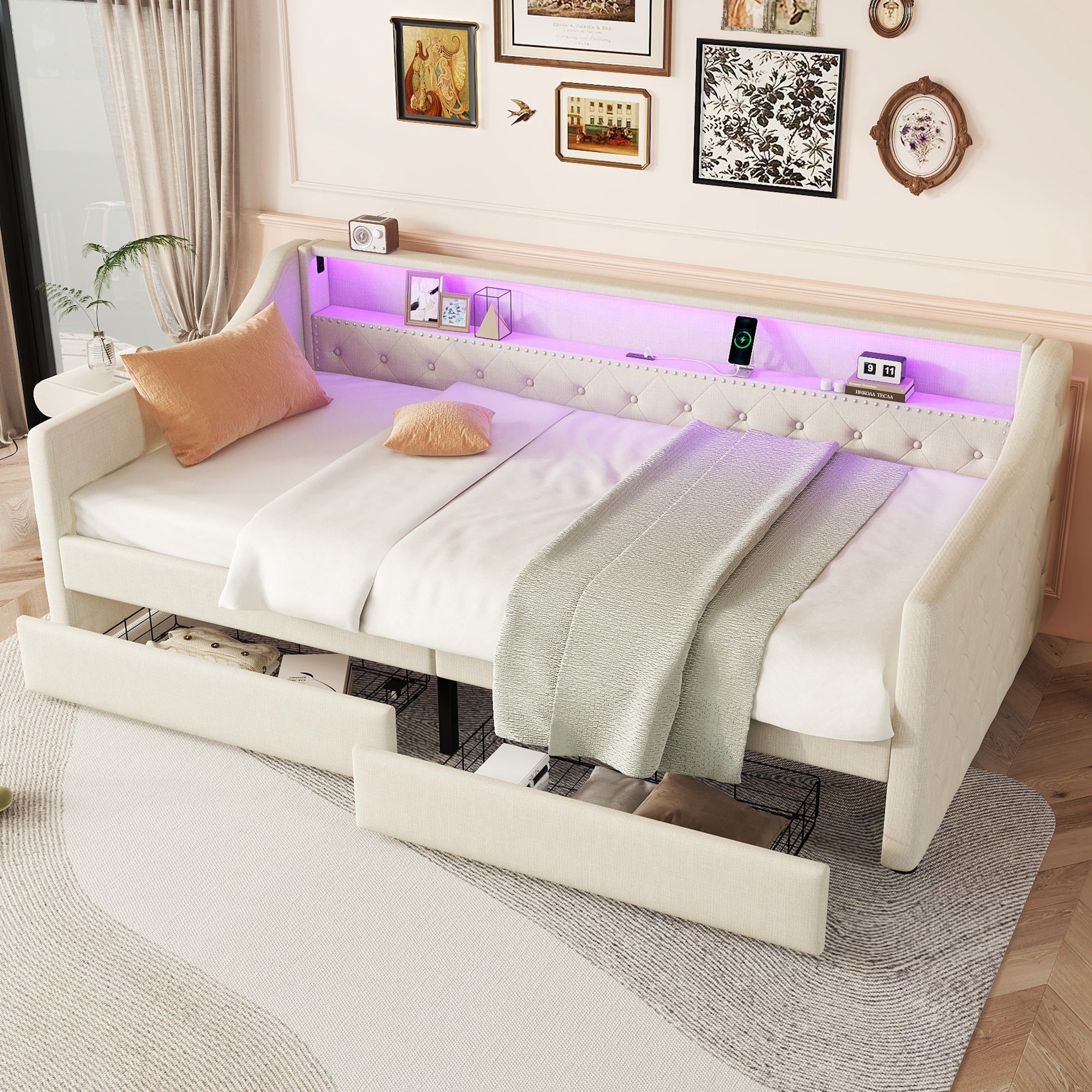 Daybed 90x200cm Ambient Light 2 Drawers USB - Linen Beige