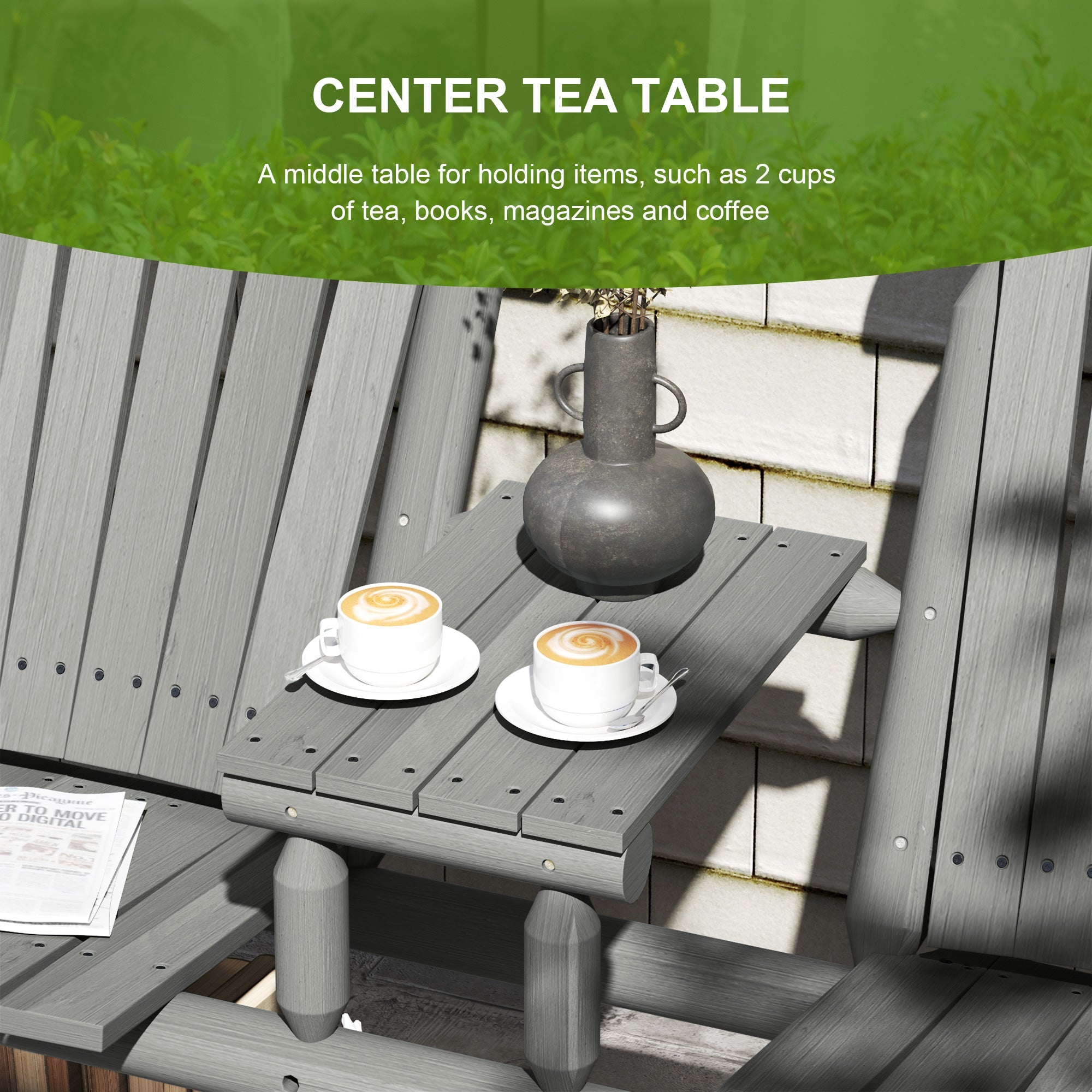 Wood Patio Chair Bench, 2 Seats with Centre Coffee Table, Grey