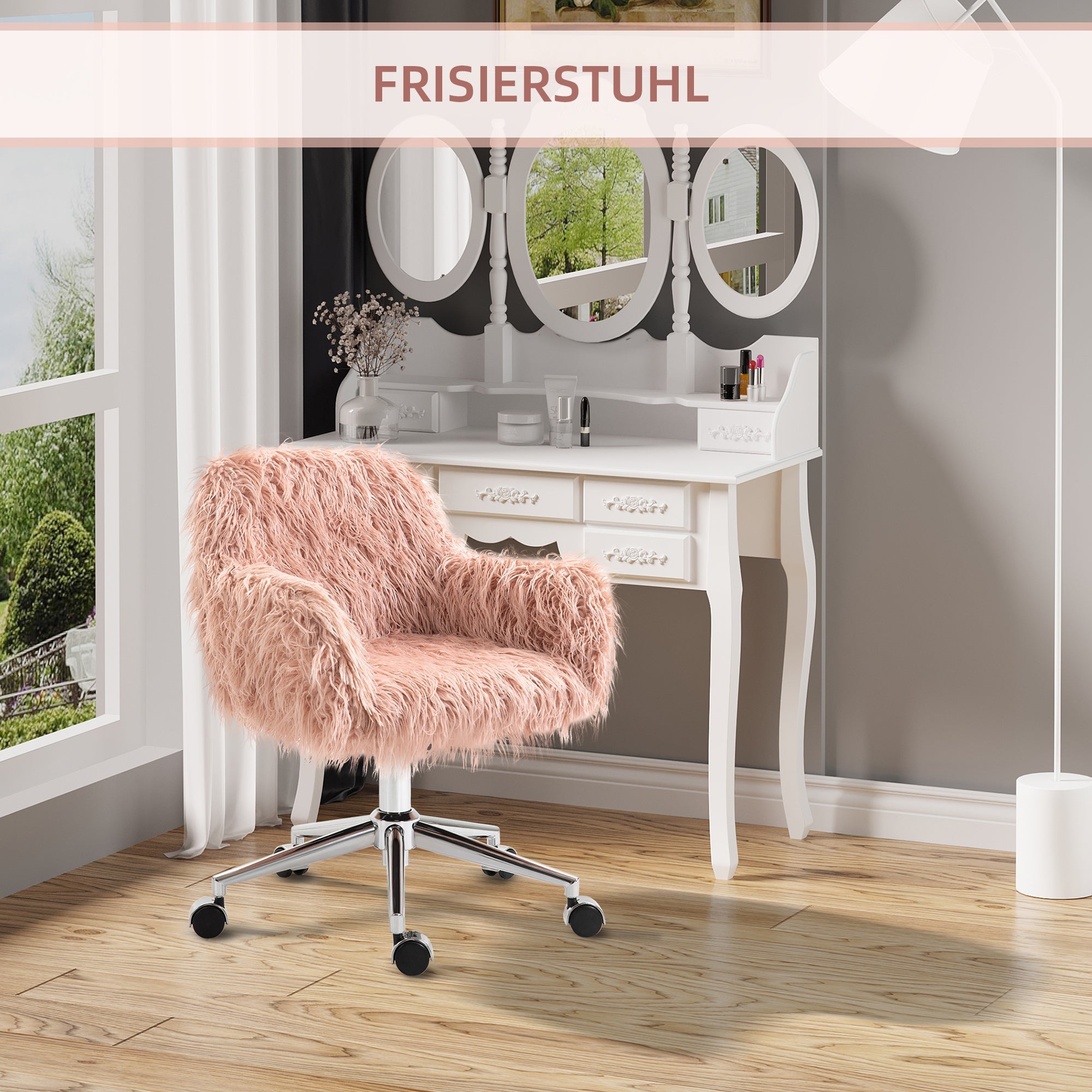 Women's Office Chair Ergonomic Height-Adjustable Faux Fur Pink/Silver