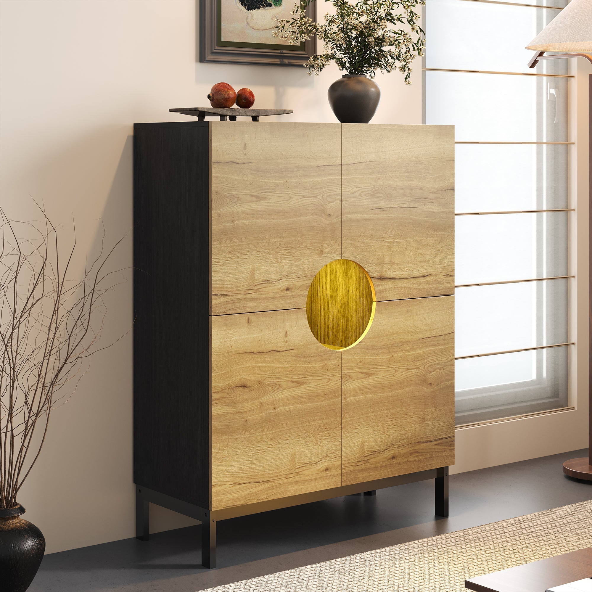 Shoe Cabinet & Display Cabinet 2-in-1, Adjustable Shelves, Solid Wood Legs, Wood Color