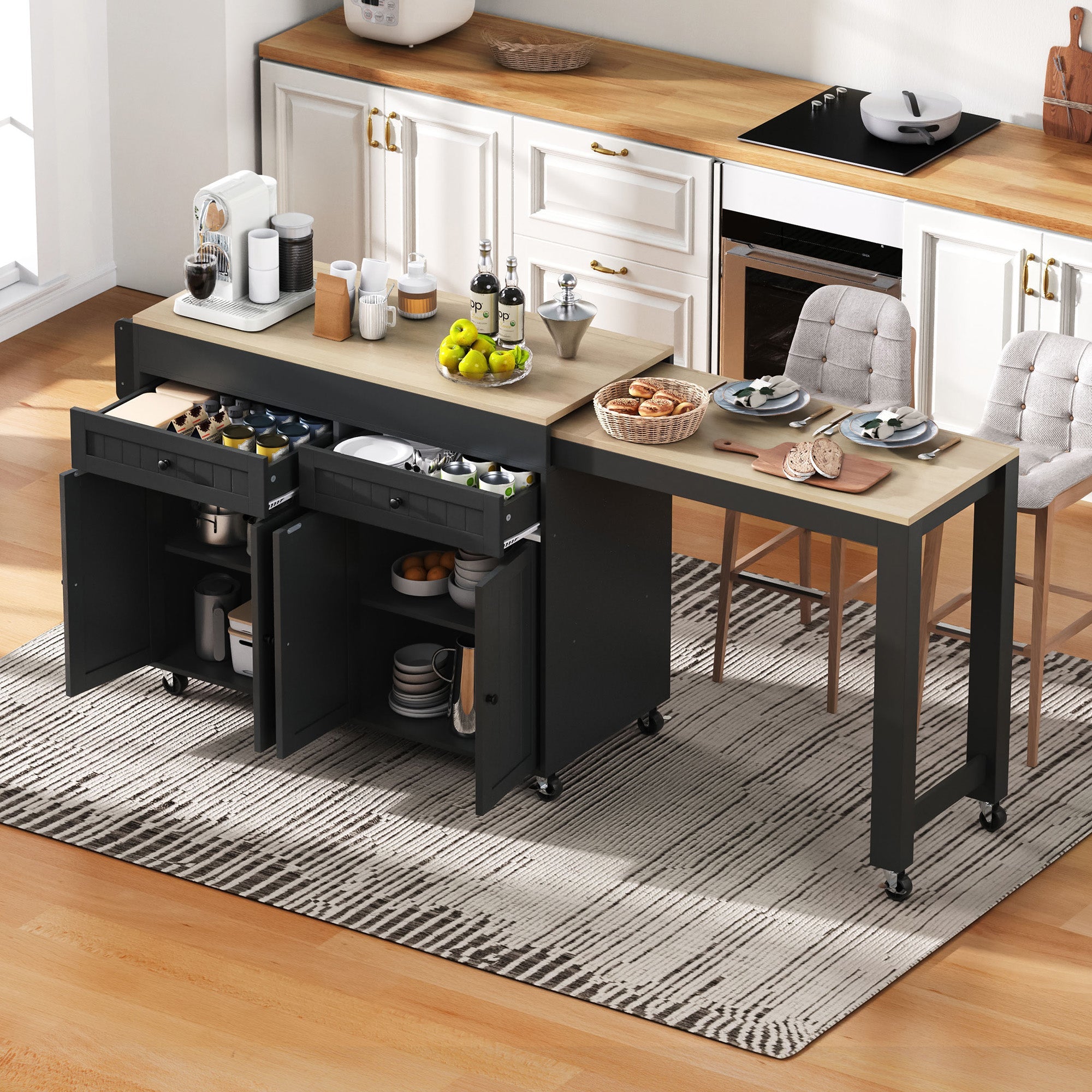Kitchen Island, Mobile with Extendable Dining & Drawers, Black + Natural