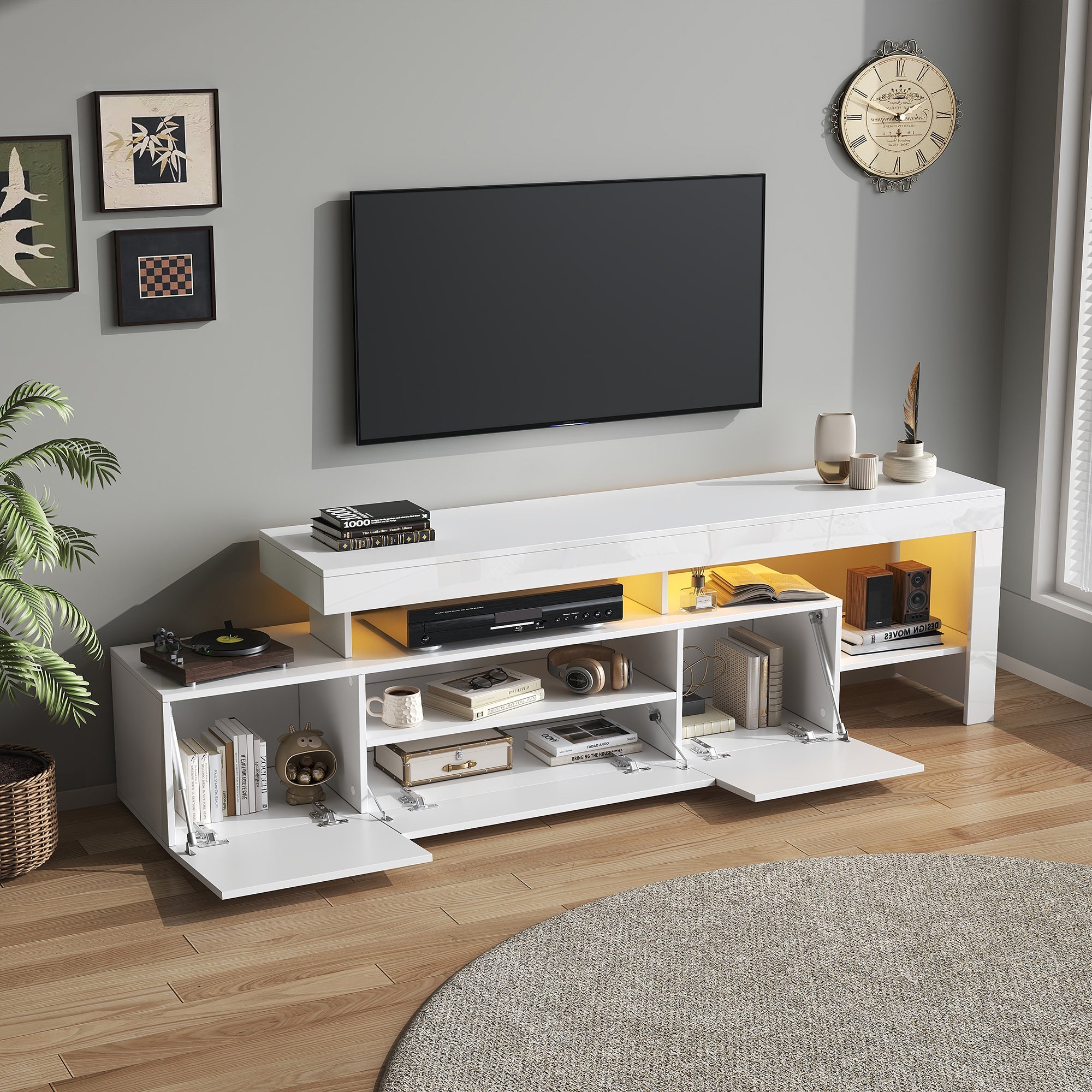 TV Cabinet, 192x37x53cm with 3 Cabinets, LED High-Gloss, White