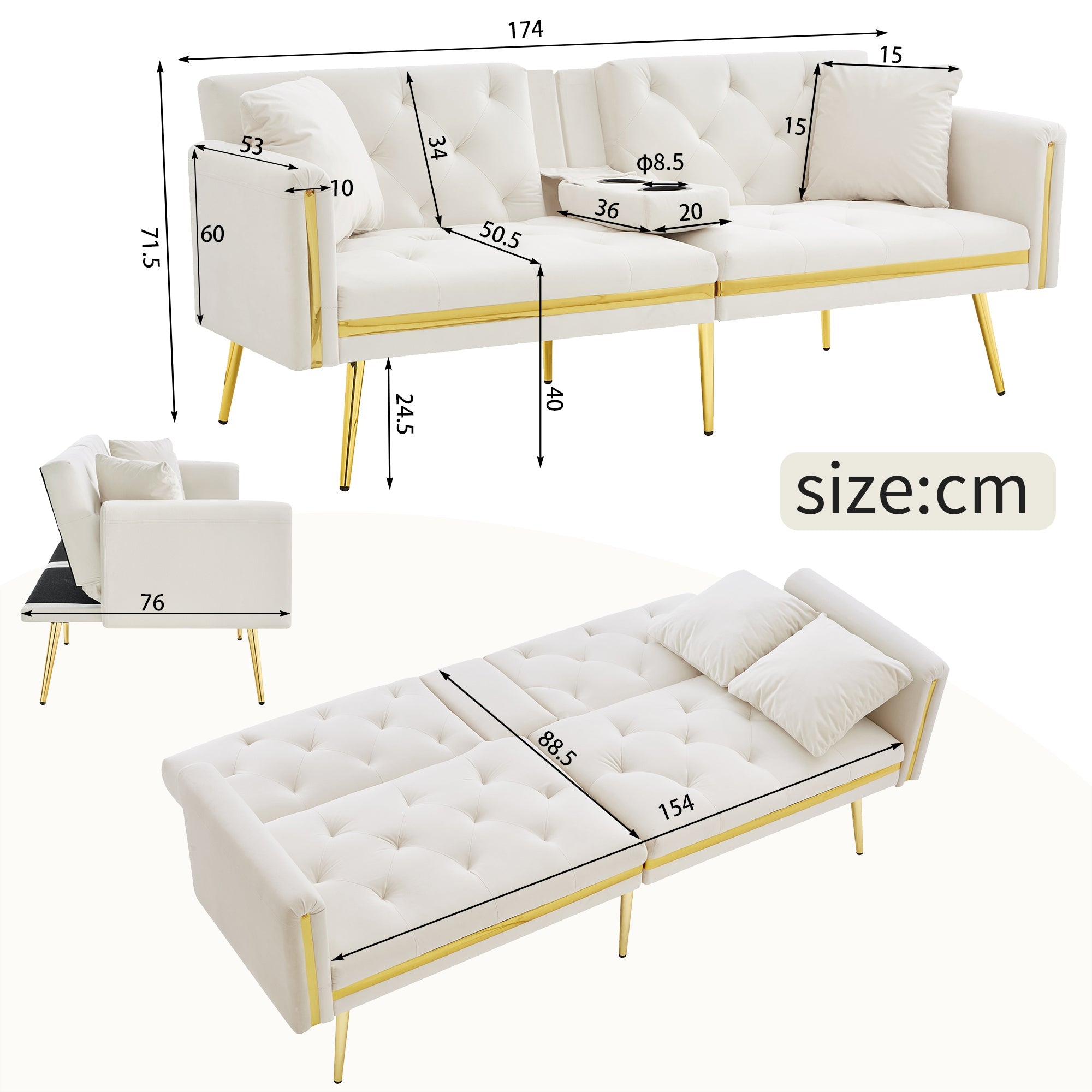 Two-seater Sofa Bed, Adjustable Backrest and Cup Holders, Velvet