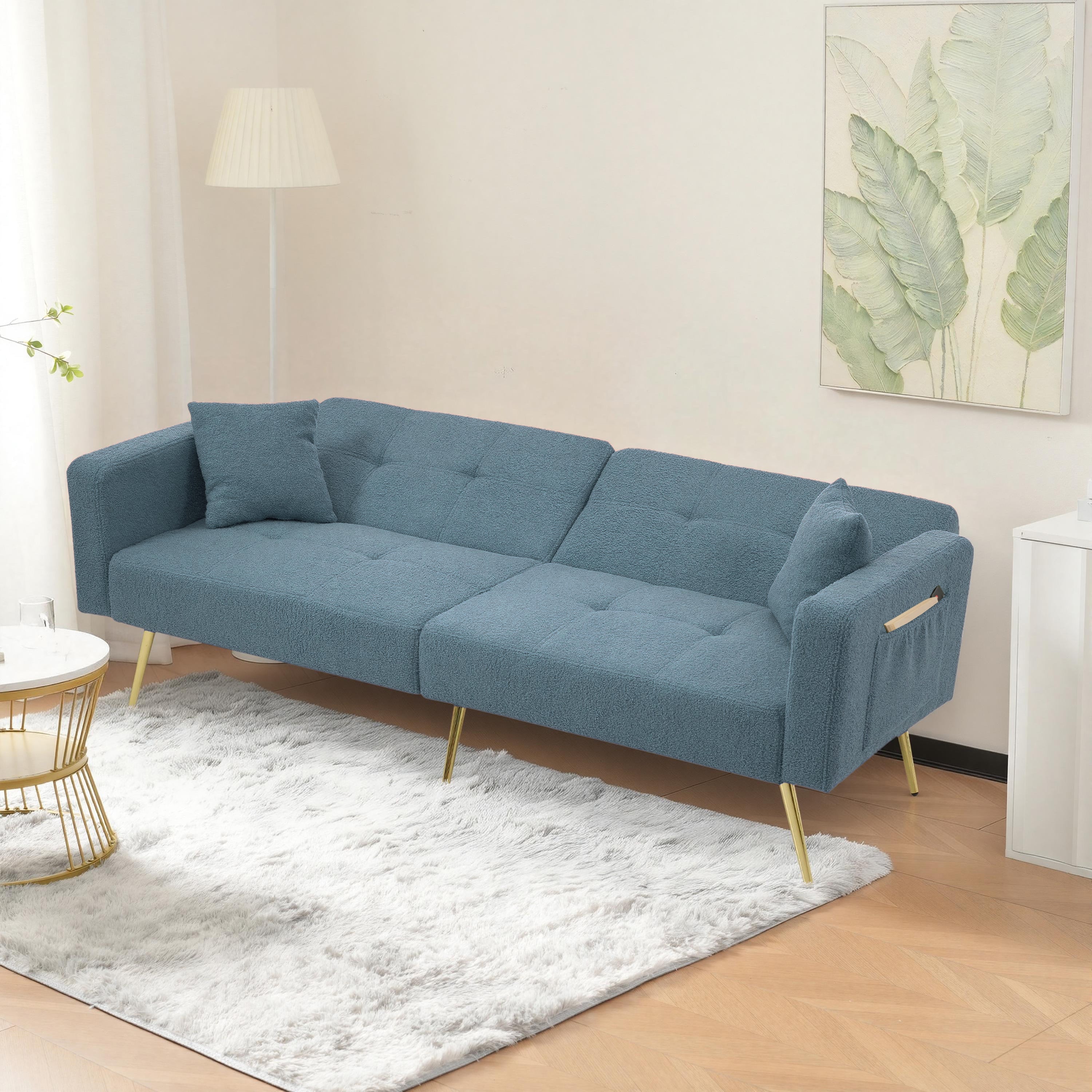 Sleeper Sofa with Adjustable Angle and Side Pockets, Smog Blue Sherpa