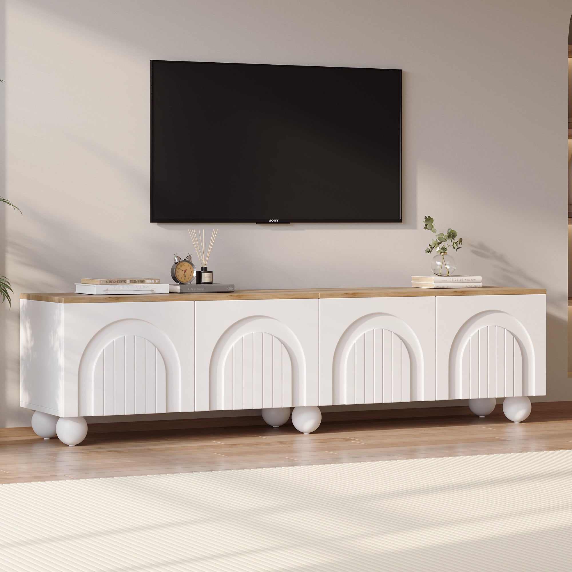 TV Cabinet 180x40x45cm 4 Shelves Metal Legs for 80-inch TV, Wood Color/White``` json
  {"cell_value": "TV Cabinet 180x40x45cm 4 Shelves Metal Legs for 80-inch TV, Wood Color/White"}
  
  ```