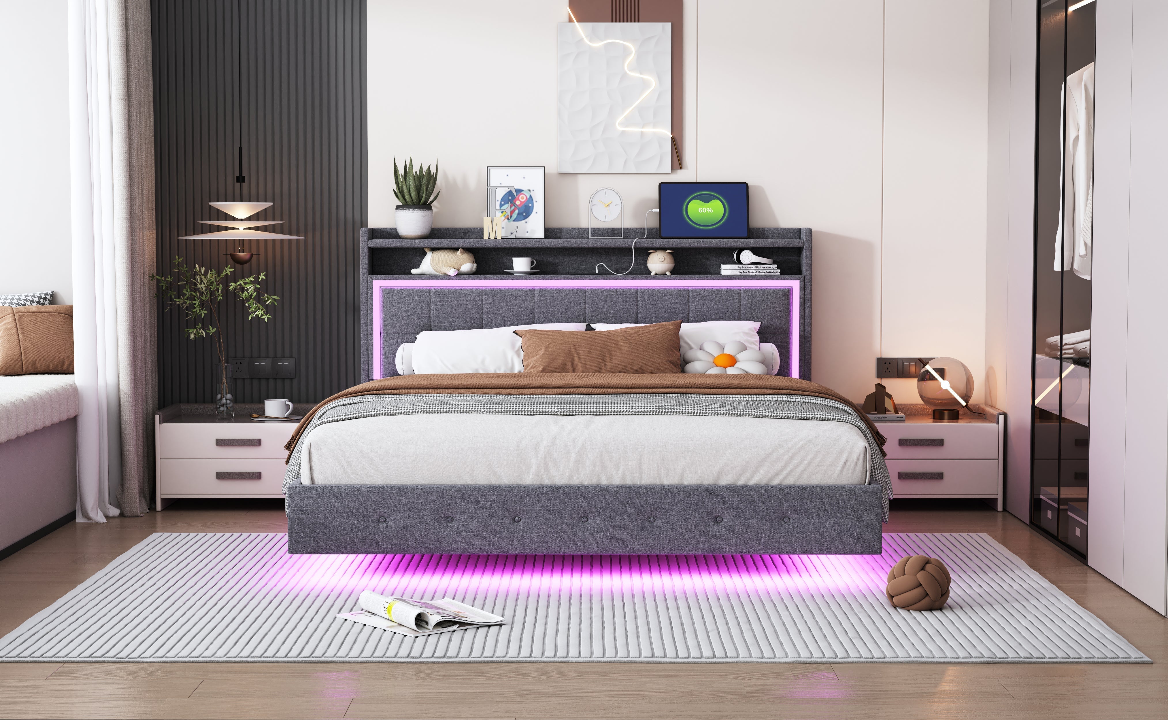 Upholstered Bed, 160x200 USB & LED, Linen Fabric Gray