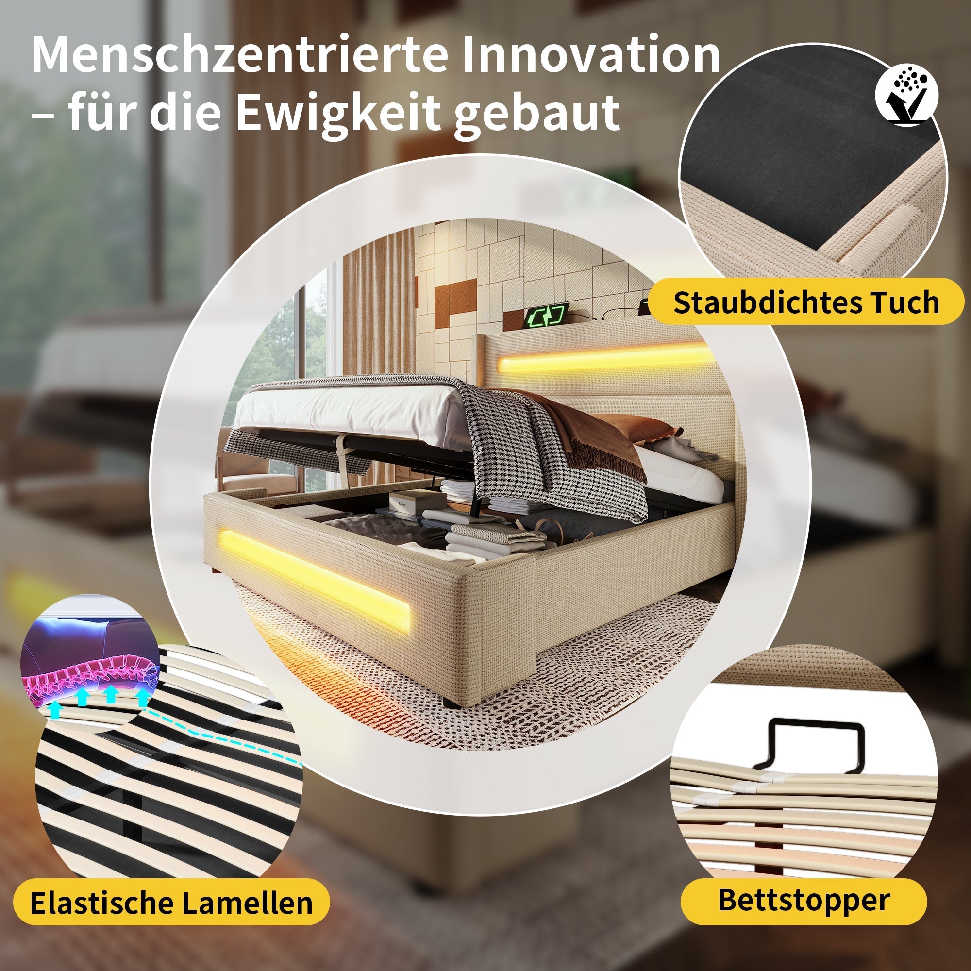 Upholstered Double Bed 140x200 cm, LED, Hydraulic Storage, USB-C, Metal Frame, Beige Linen