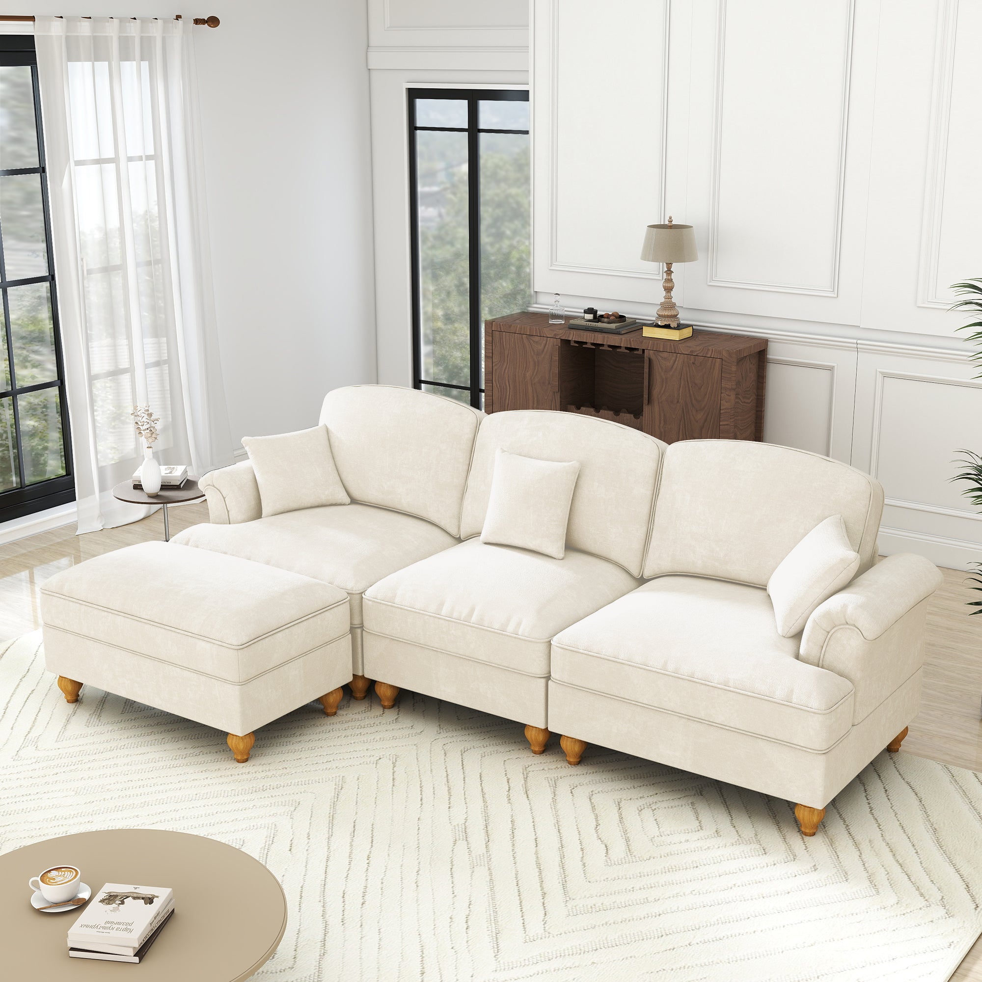 Modular L-Shaped Sofa 3-Seater Mid-Century Ottoman - White Chenille