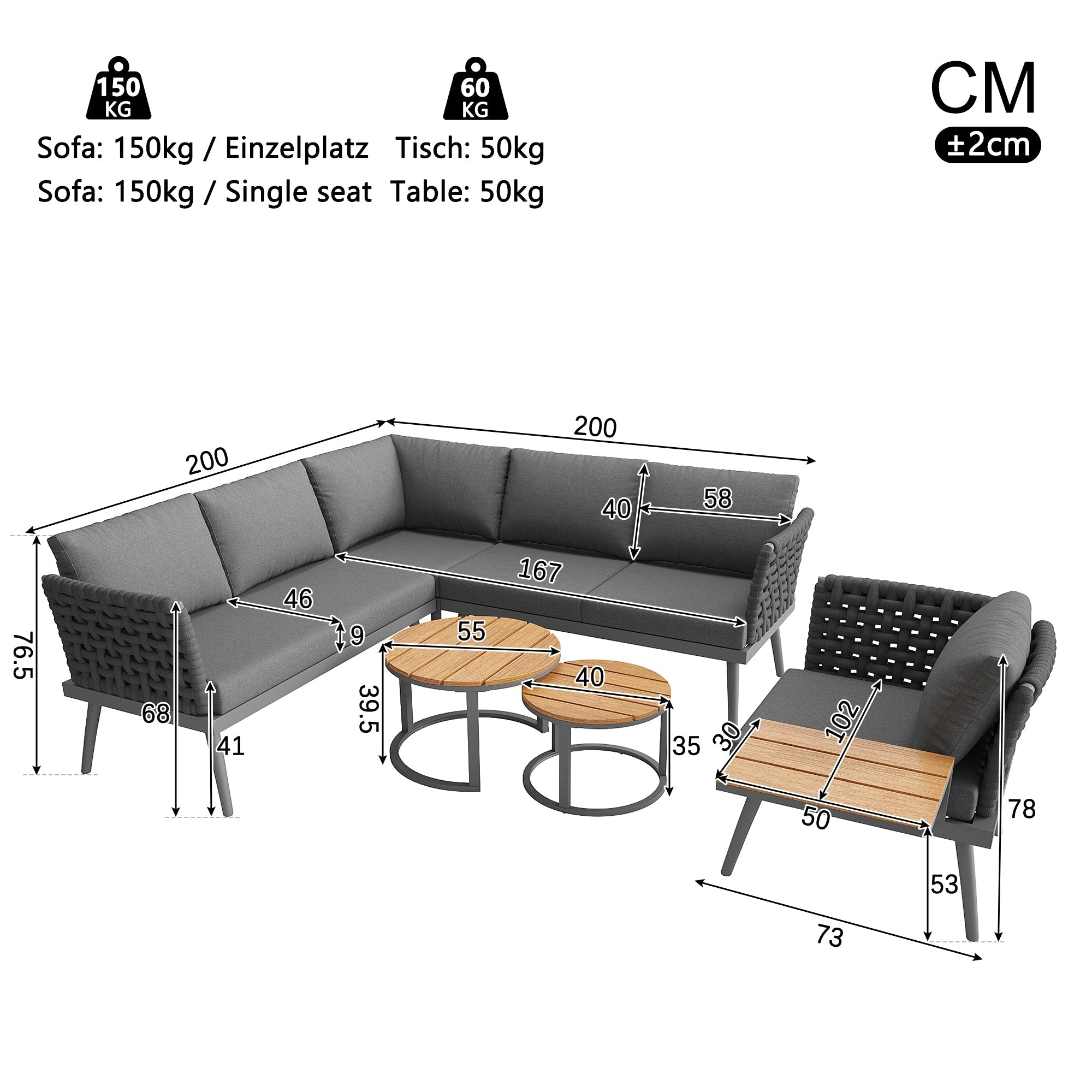 L-Shaped Garden Sofa Set with Coffee Tables and Armchairs, Grey and Beige