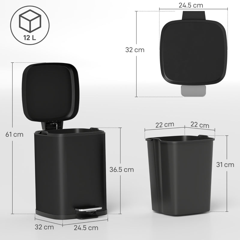 12L Modern Boxy Kitchen Bin Metal Black