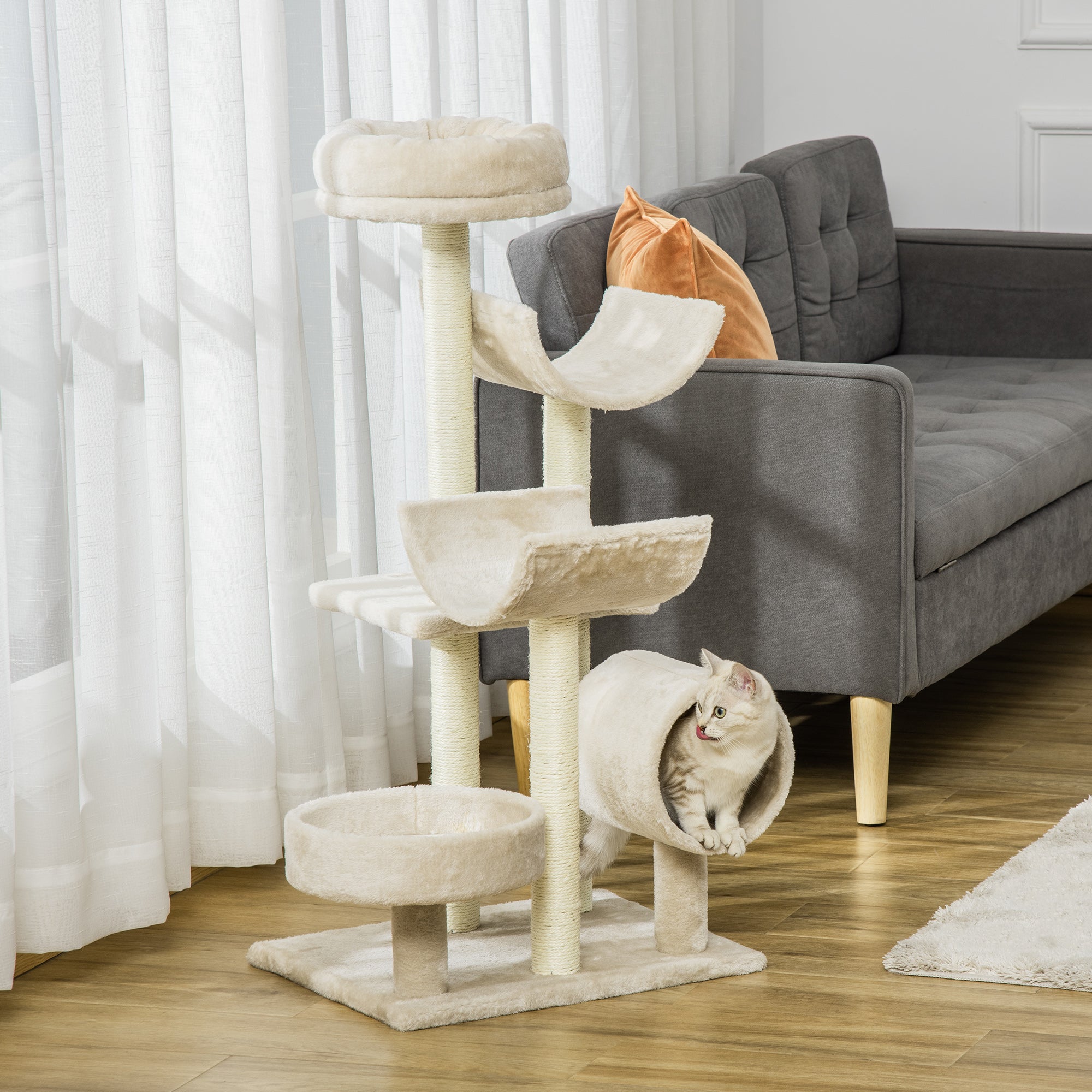 Cat Scratching Post, Climbing Tree with Toys & Tunnel, Beige
