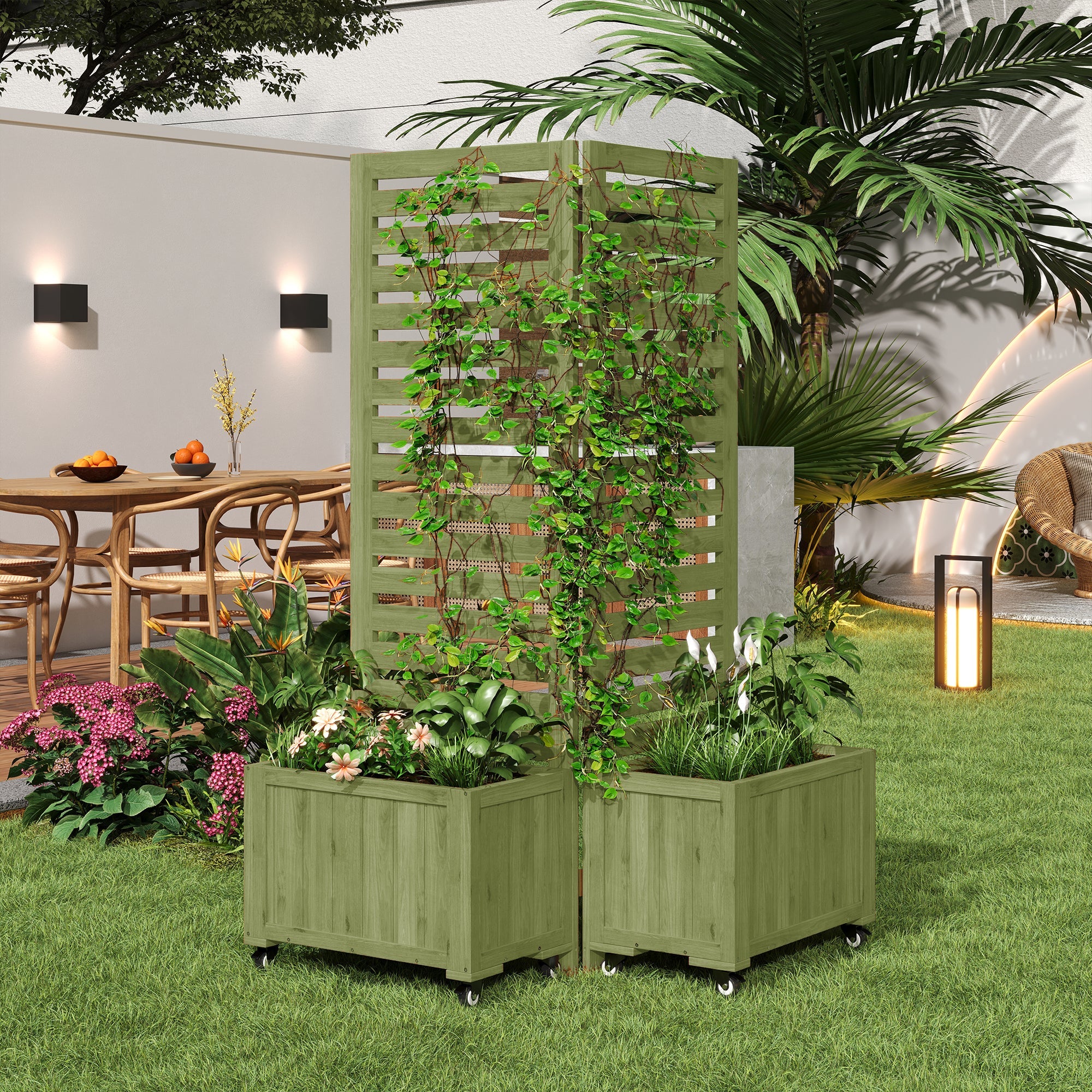 Outdoor Planter Box with Trellis and Folding Universal Wheels