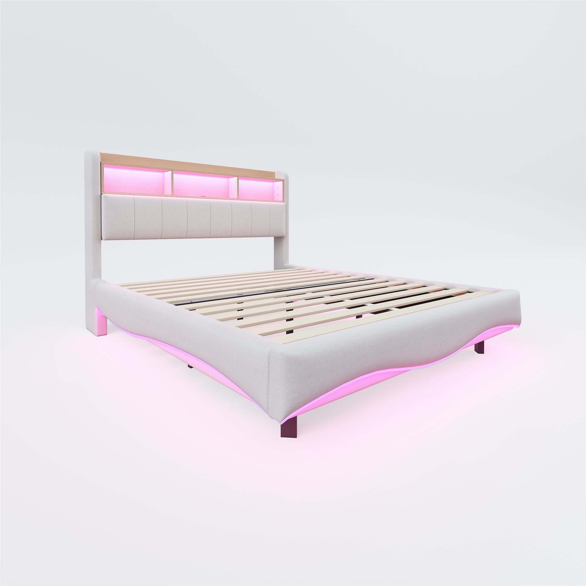 Upholstered Bed, 160*200, Multifunctional Storage, LED Light, USB and Type-C Interface, Beige Linen Fabric
