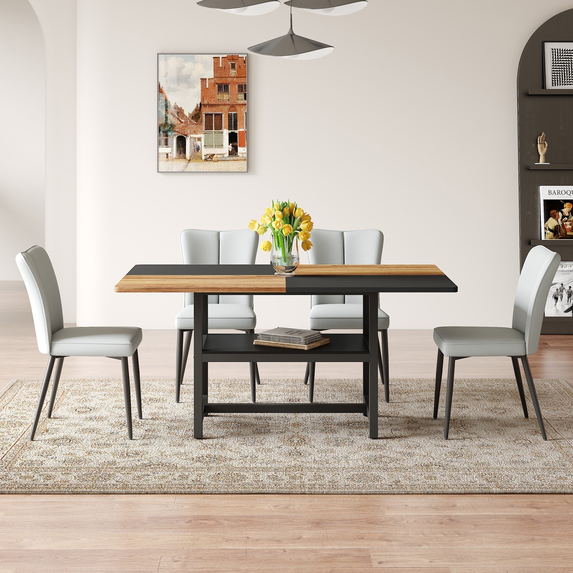 Dining Table Set 160cm Rectangular Storage 4 Chairs - Light Grey PU Leather