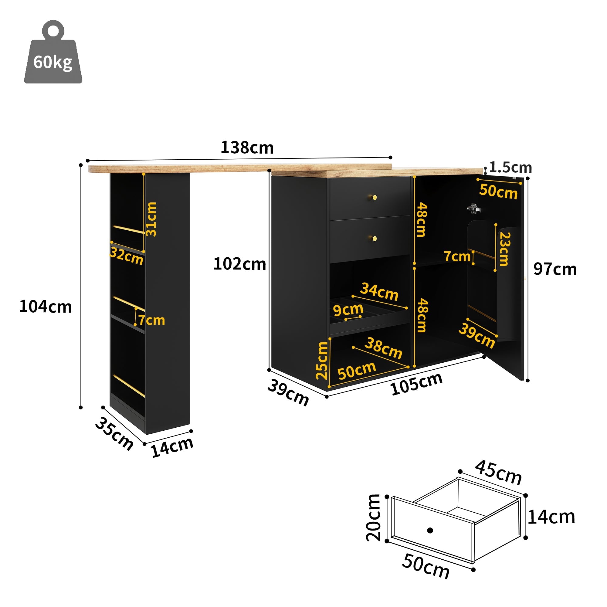 360° Swivelling Bar Table with 2 Drawers, Sliding Door Cabinet & 3 Levels of Open Storage, MDF