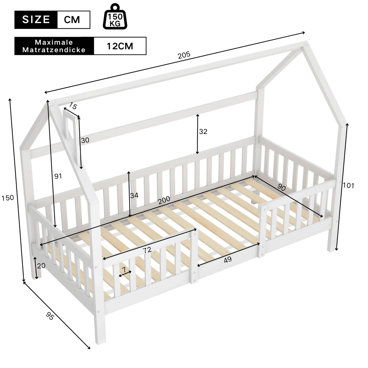 House Bed 90x200cm Chimney Slatted Base - White Pine Wood