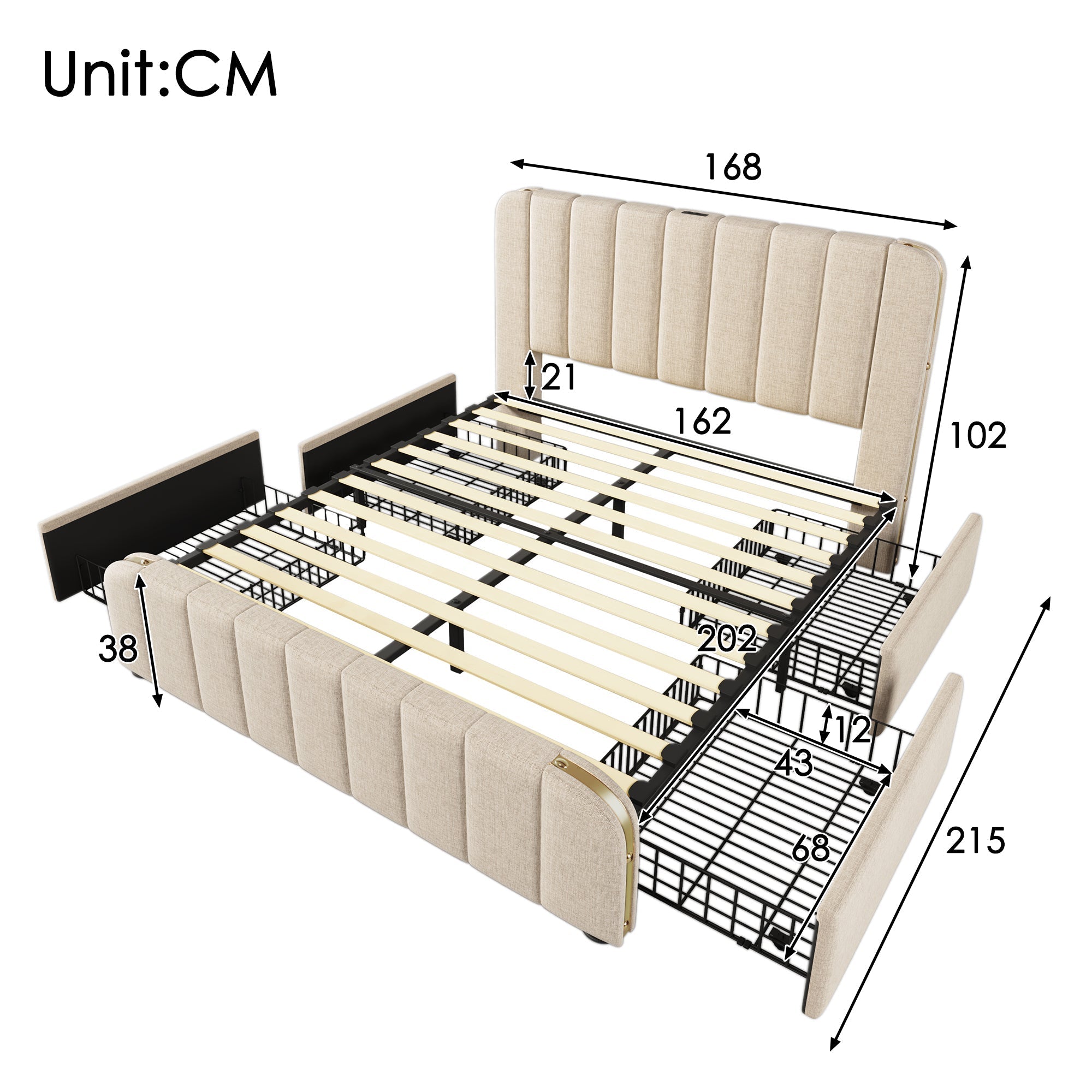 Upholstered Bed 160x200cm Double Padded Headboard USB-C 4 Drawers, Beige Linen