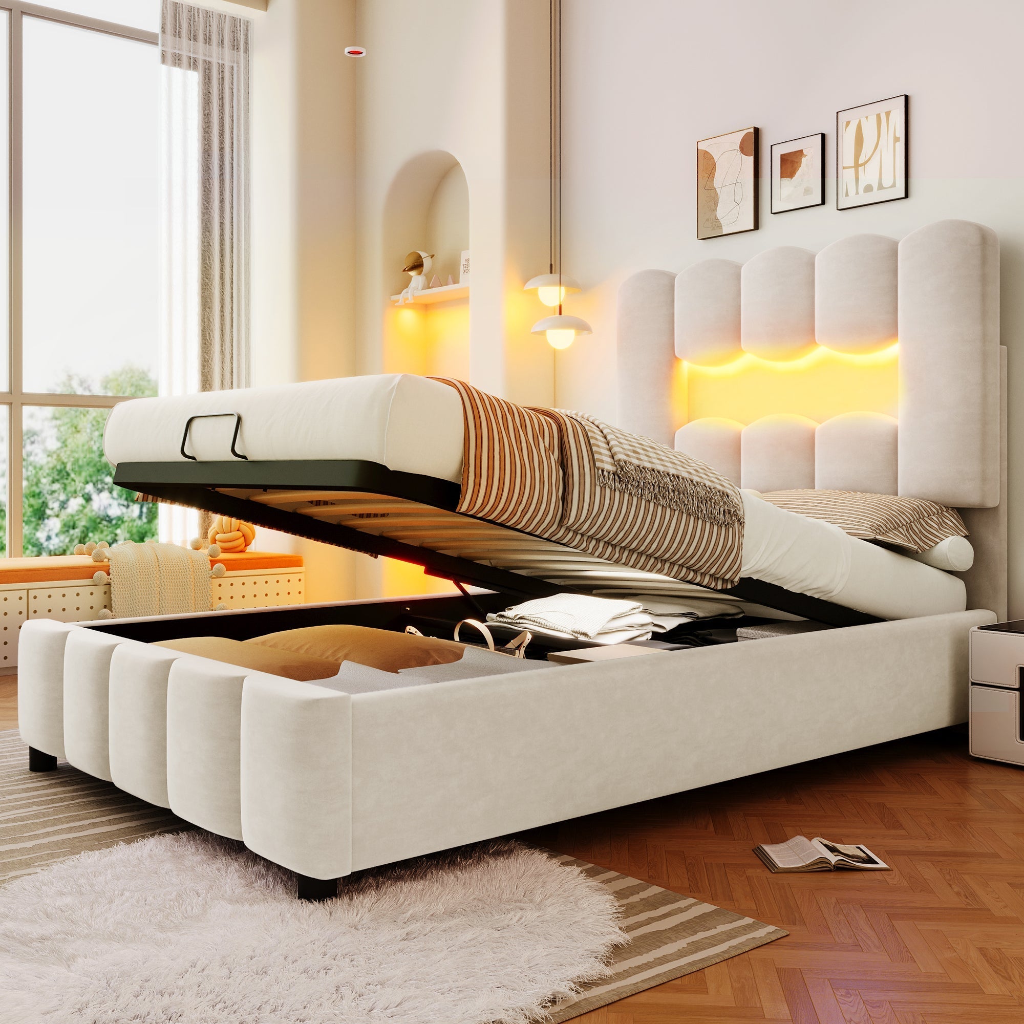 Upholstered Bed 90x200cm Hydraulic LED Adjustable Headboard Beige Velvet