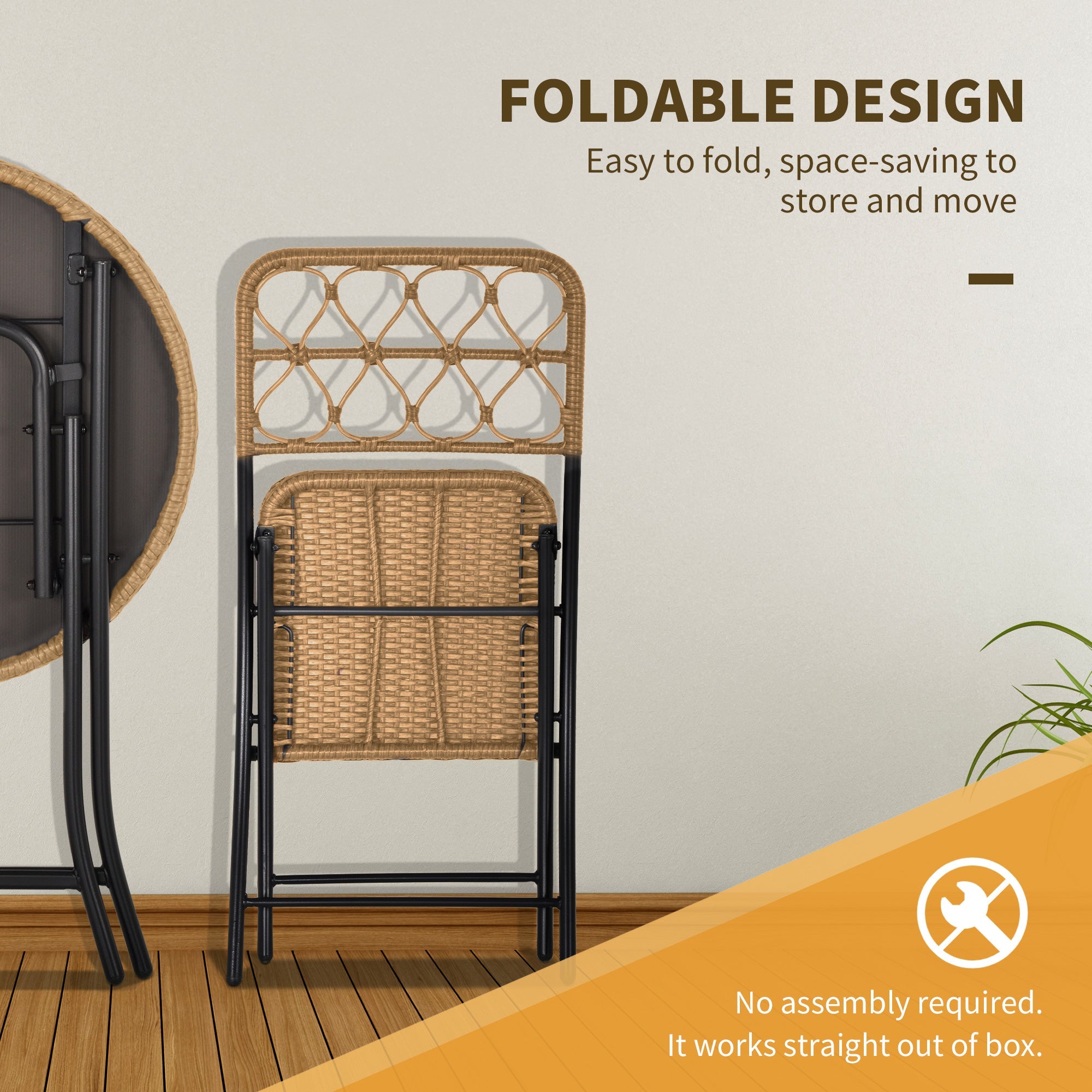 3 pcs Bistro Set, Foldable Rattan Wicker Coffee Table & Chairs, Natural