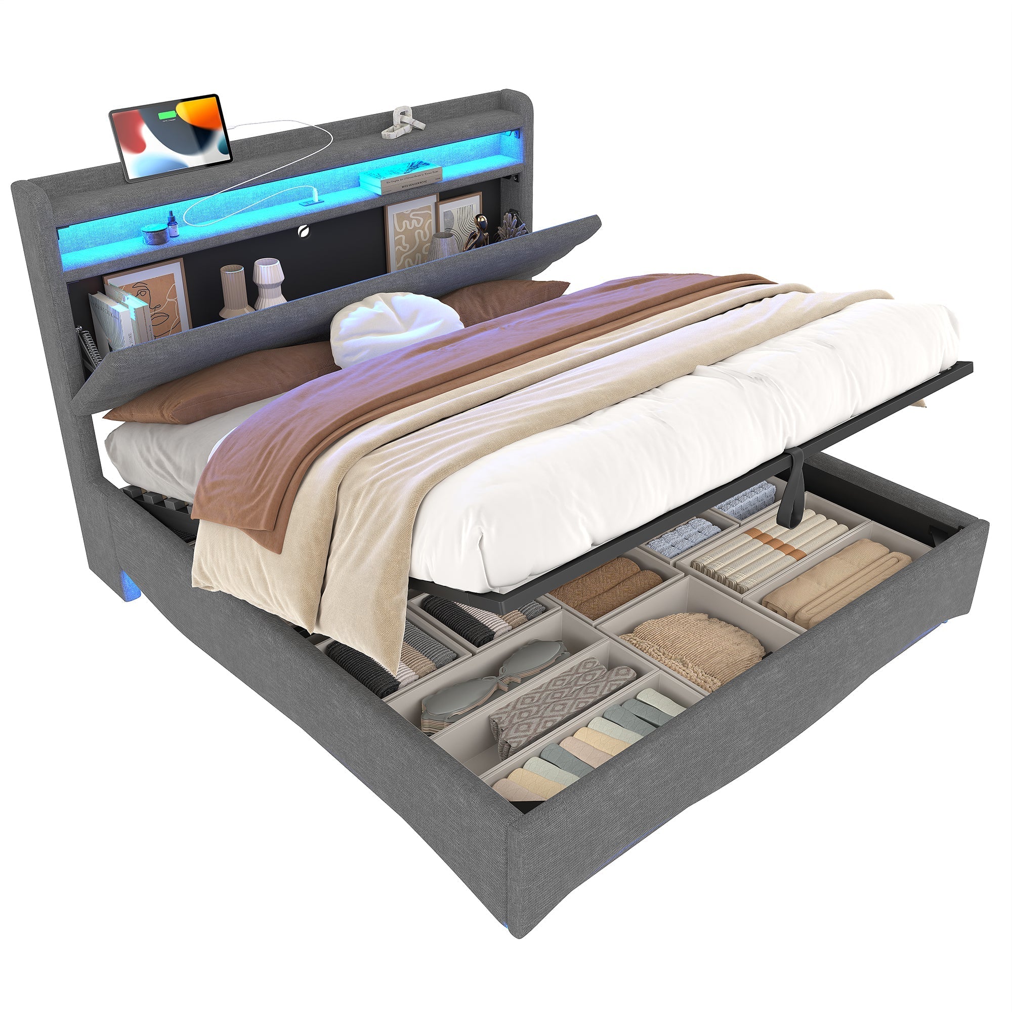 Upholstered Bed with LED Lighting, Hydraulic Storage and USB Ports, Grey Linen Fabric