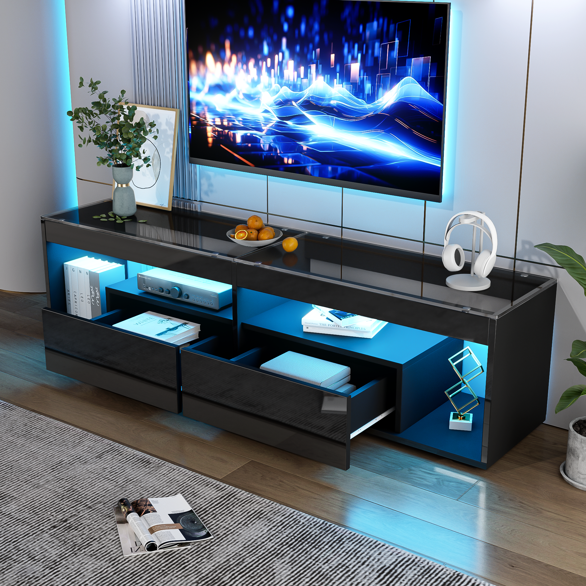 TV Cabinet, LED High-Gloss 70-inch with 2 Drawers, Black