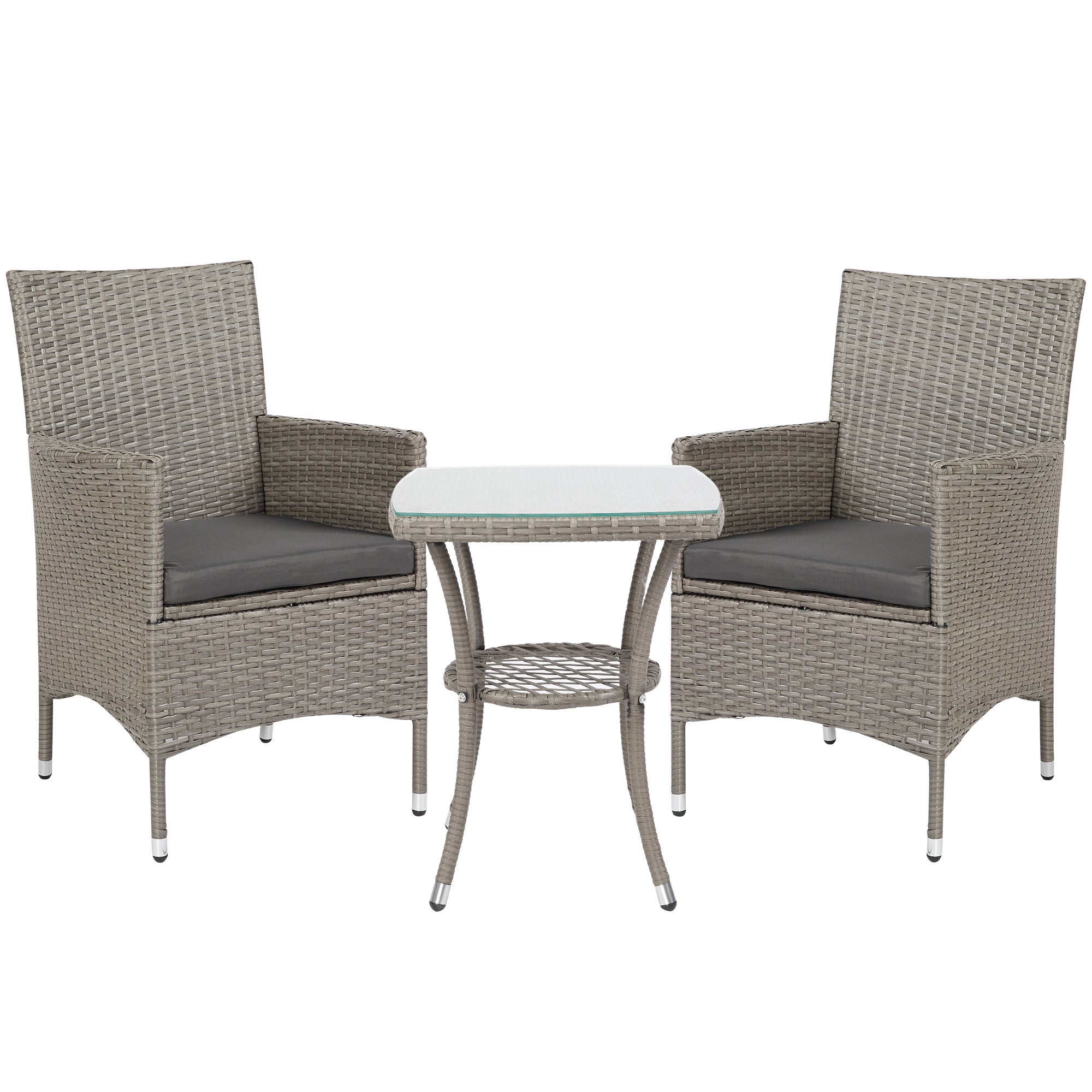 3 Pieces Rattan Bistro Set Wicker with 2-Tier Table and Washable Cushions Grey
