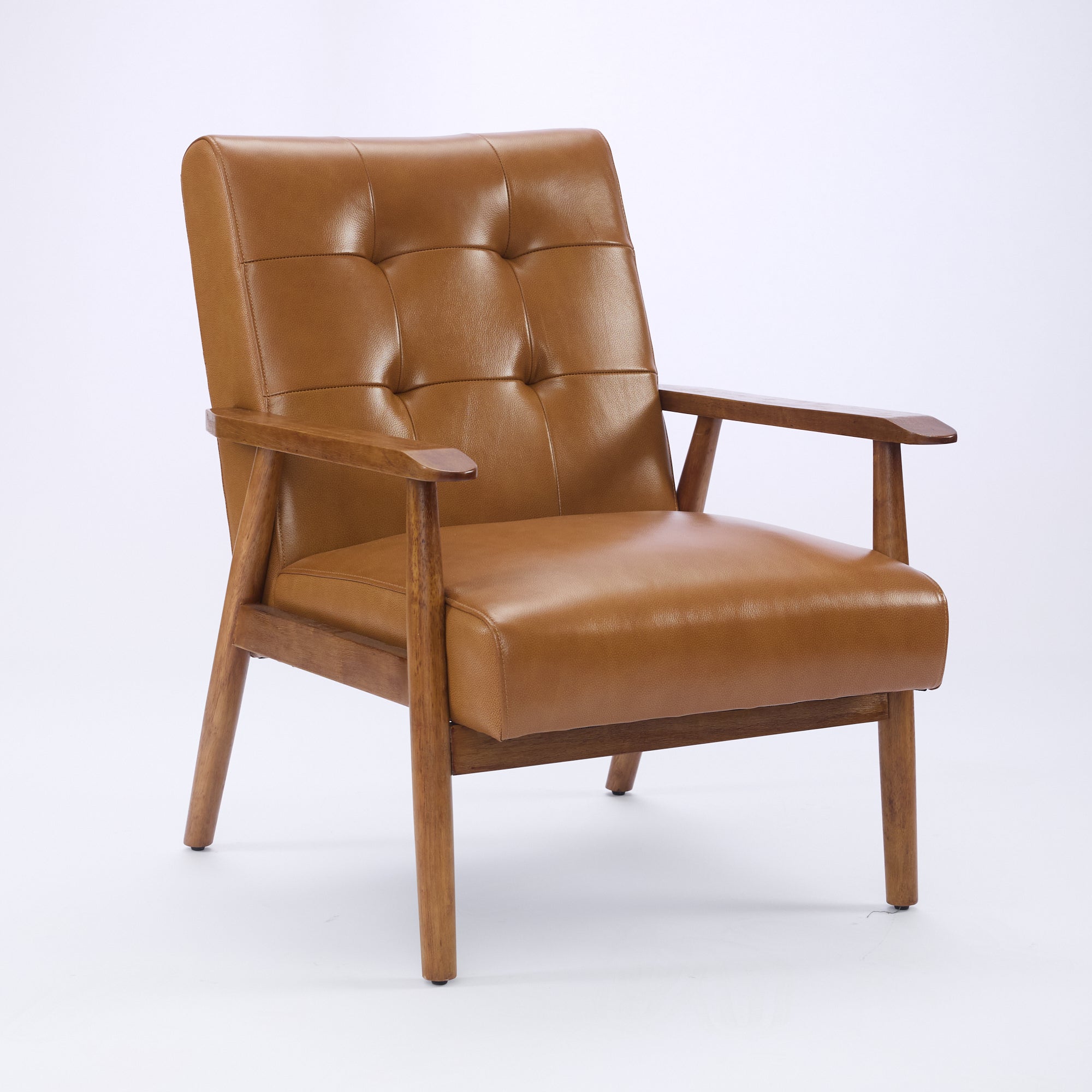 Genuine Leather Lounge Chair Walnut Armrests Rubberwood Legs - Light Brown