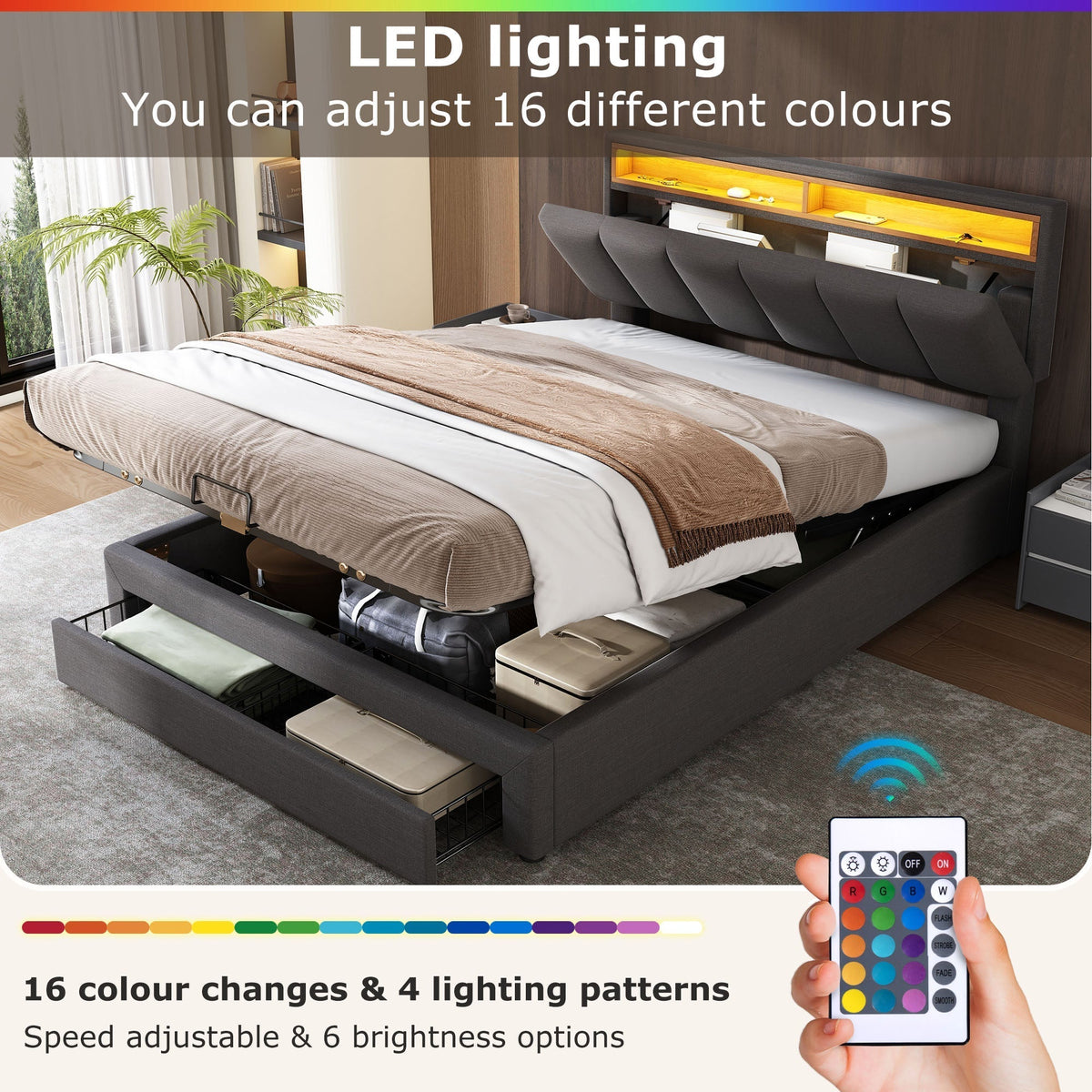 Upholstered Double Bed 160x200cm Hydraulic Storage LED Stowable Headboard - Linen Grey