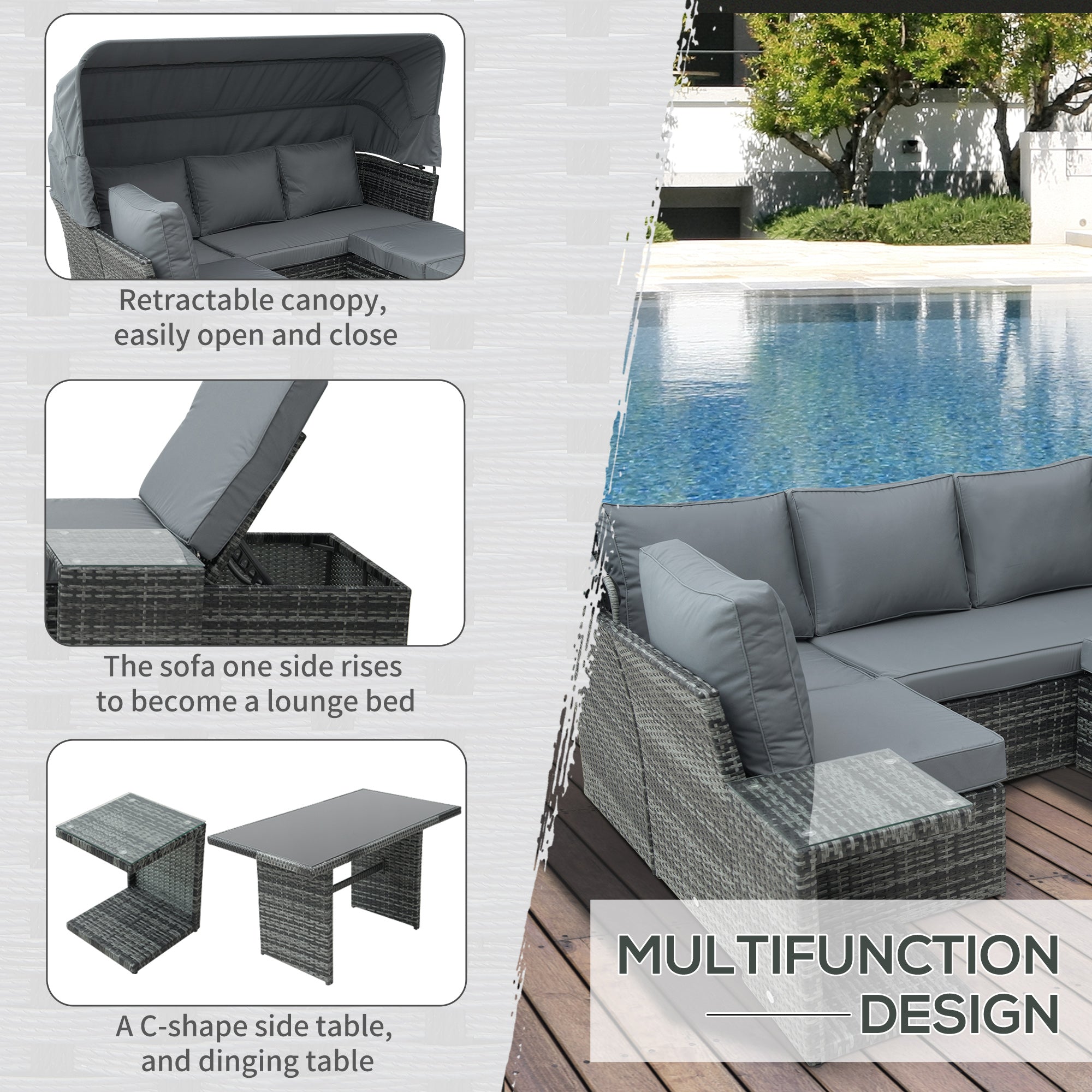 5 PCS Rattan Wicker Sofa Set, Reclining Sofa, Canopy, Side Table & Dining Table, Mixed Grey