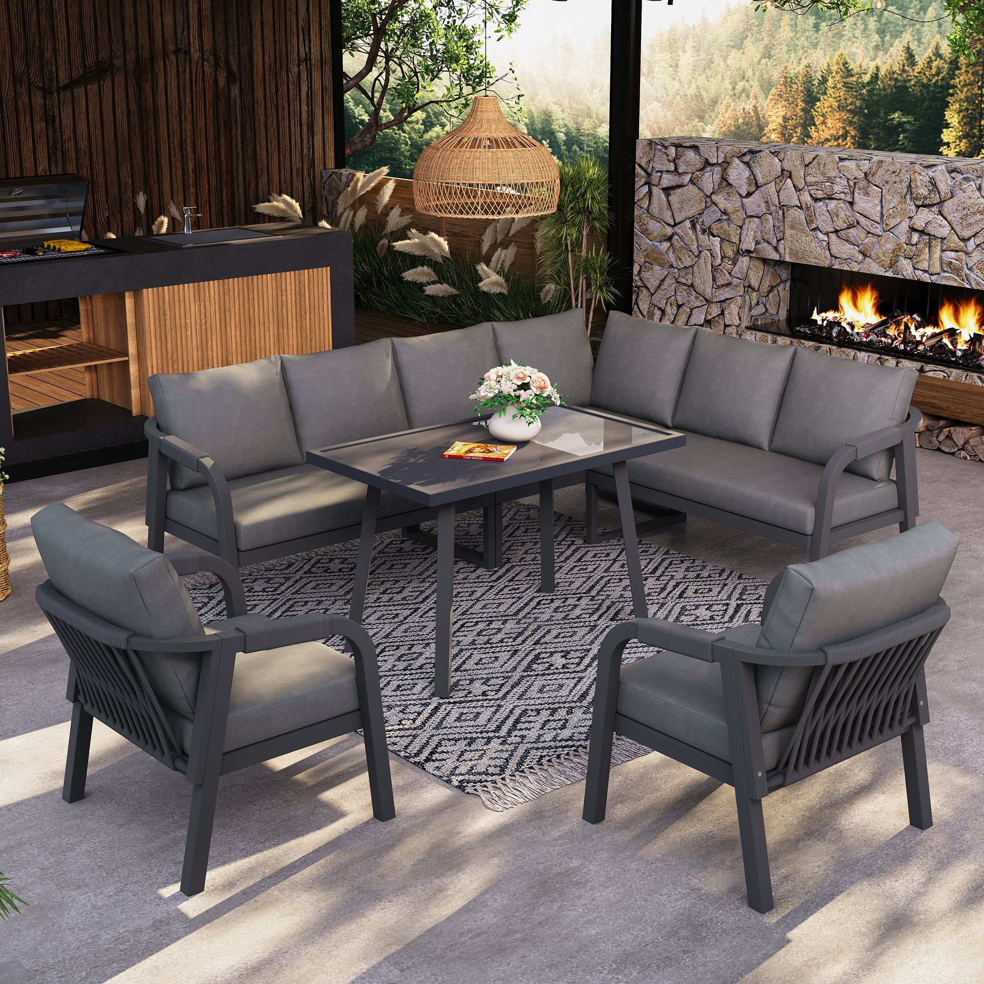 Garden Dining Set with Corner Sofa, Table and Two Armchairs, Seats up to 8, Grey Steel