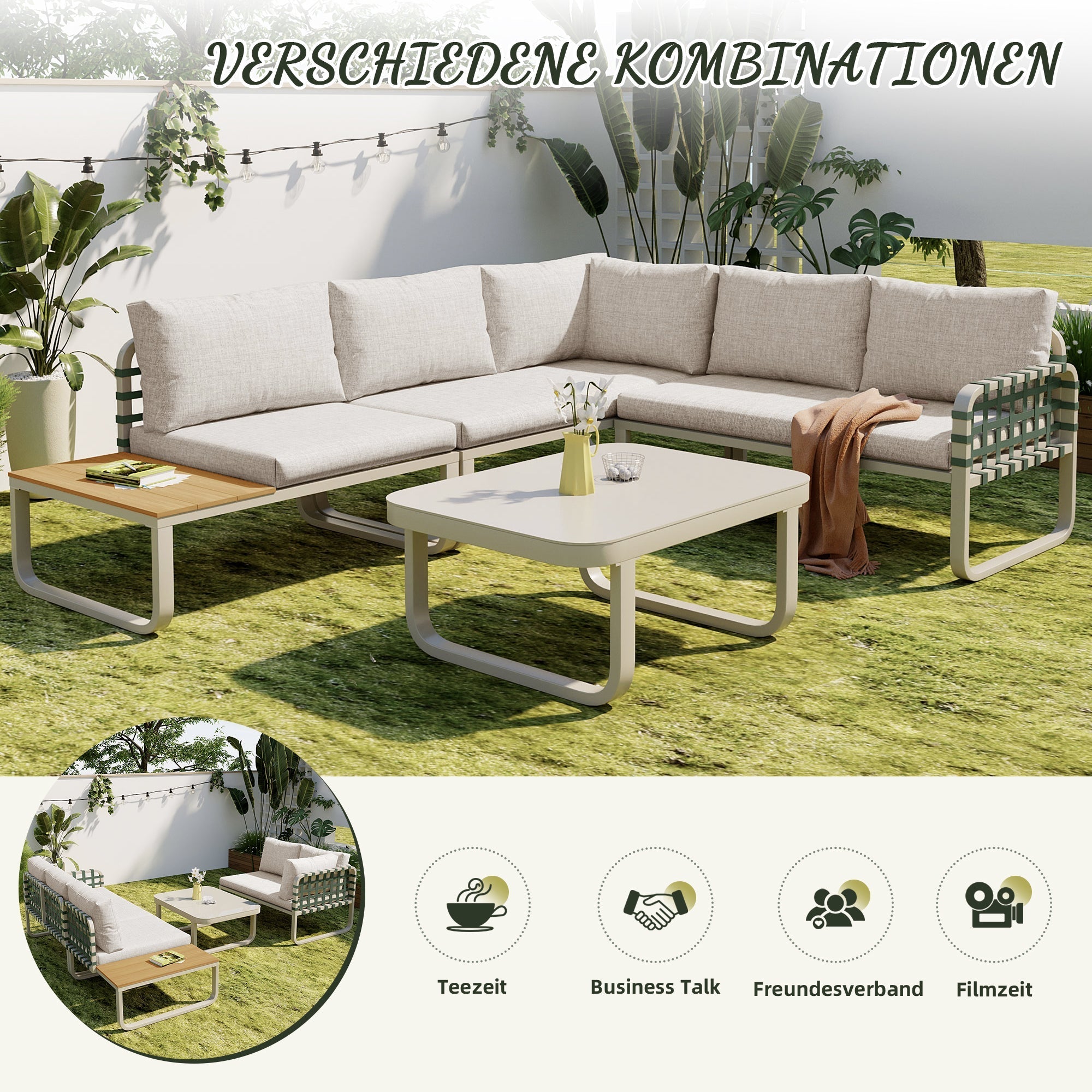 Garden Lounge Set 4-5 Seater Rattan Outdoor Sofa with Cushions - Apricot