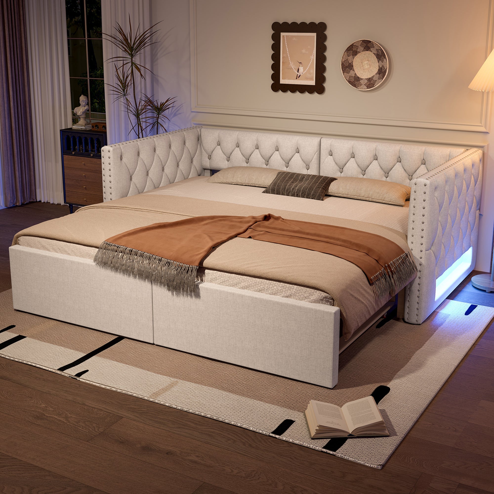 Extendable Daybed 90x200-180x200 Upholstered LED - Beige