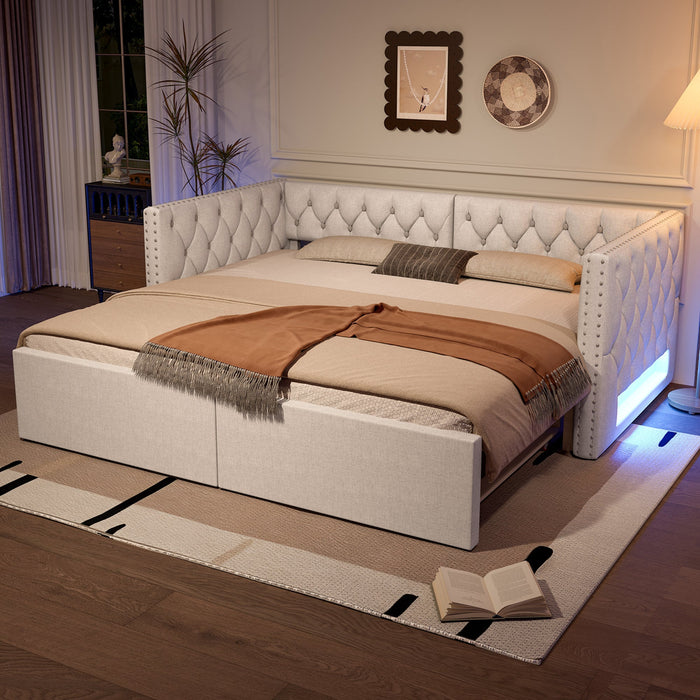 Extendable Daybed 90x200-180x200 Upholstered LED - Beige
