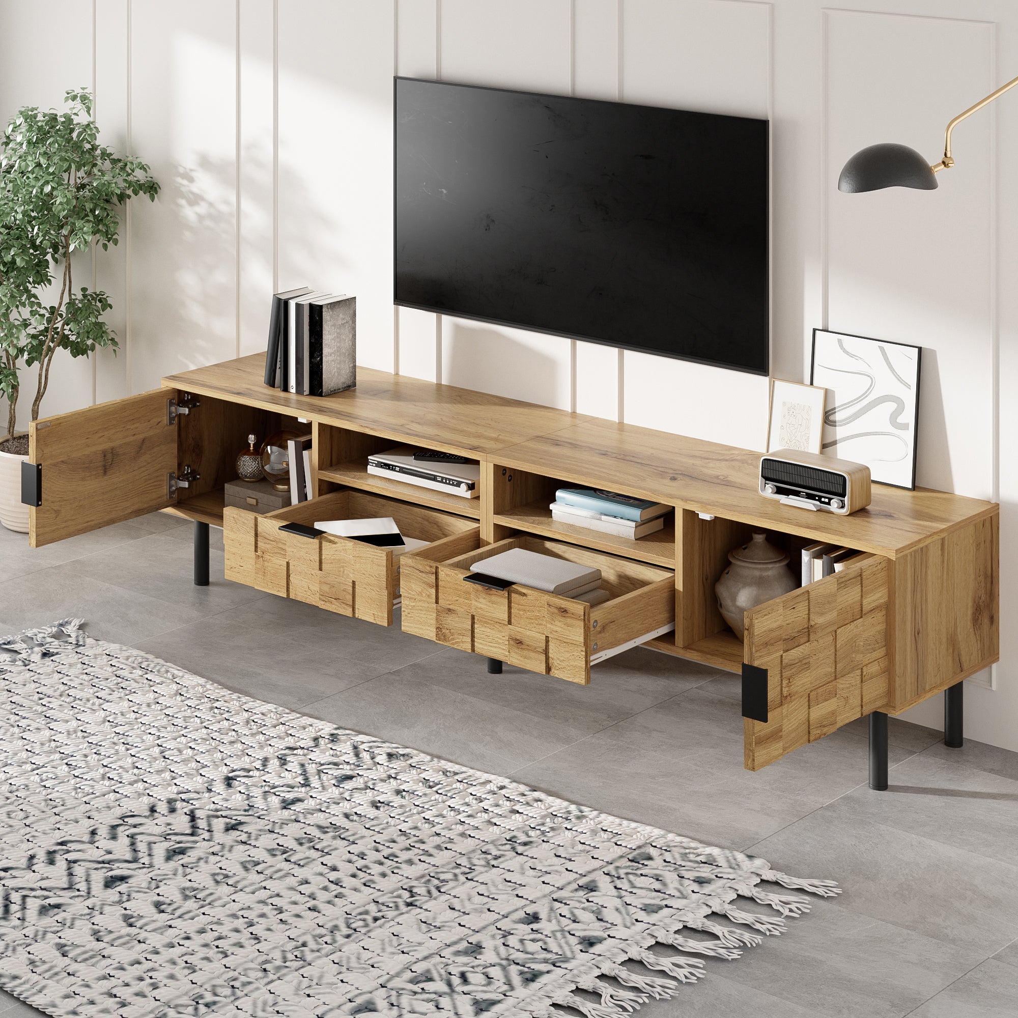 Mosaic TV Cabinet with 2 Doors, 2 Drawers and 2 Open Shelves, Wood Look Chipboard and Metal