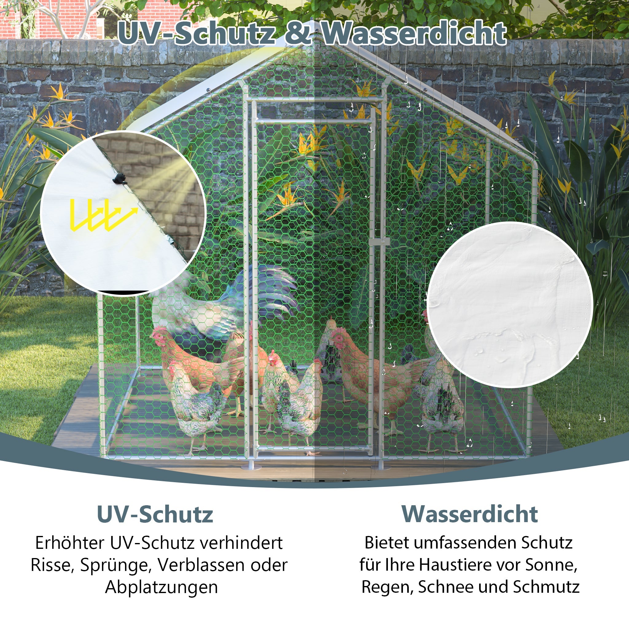 Free-range chicken coop 2x2x2m, safety lock, waterproof PE cloth, metal