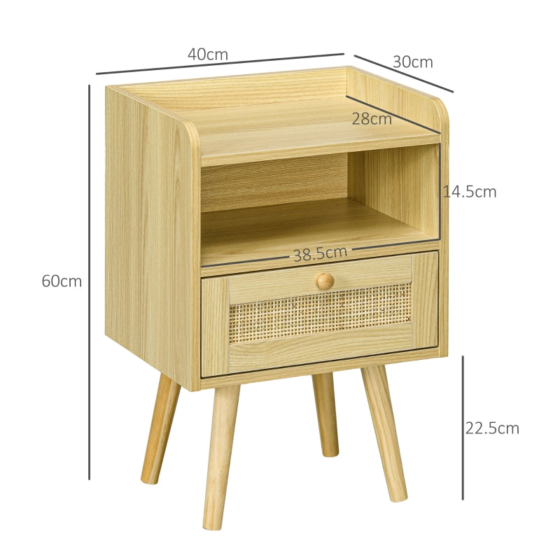 Rattan Weave Bedside Tables Set of Two, Wood Effect