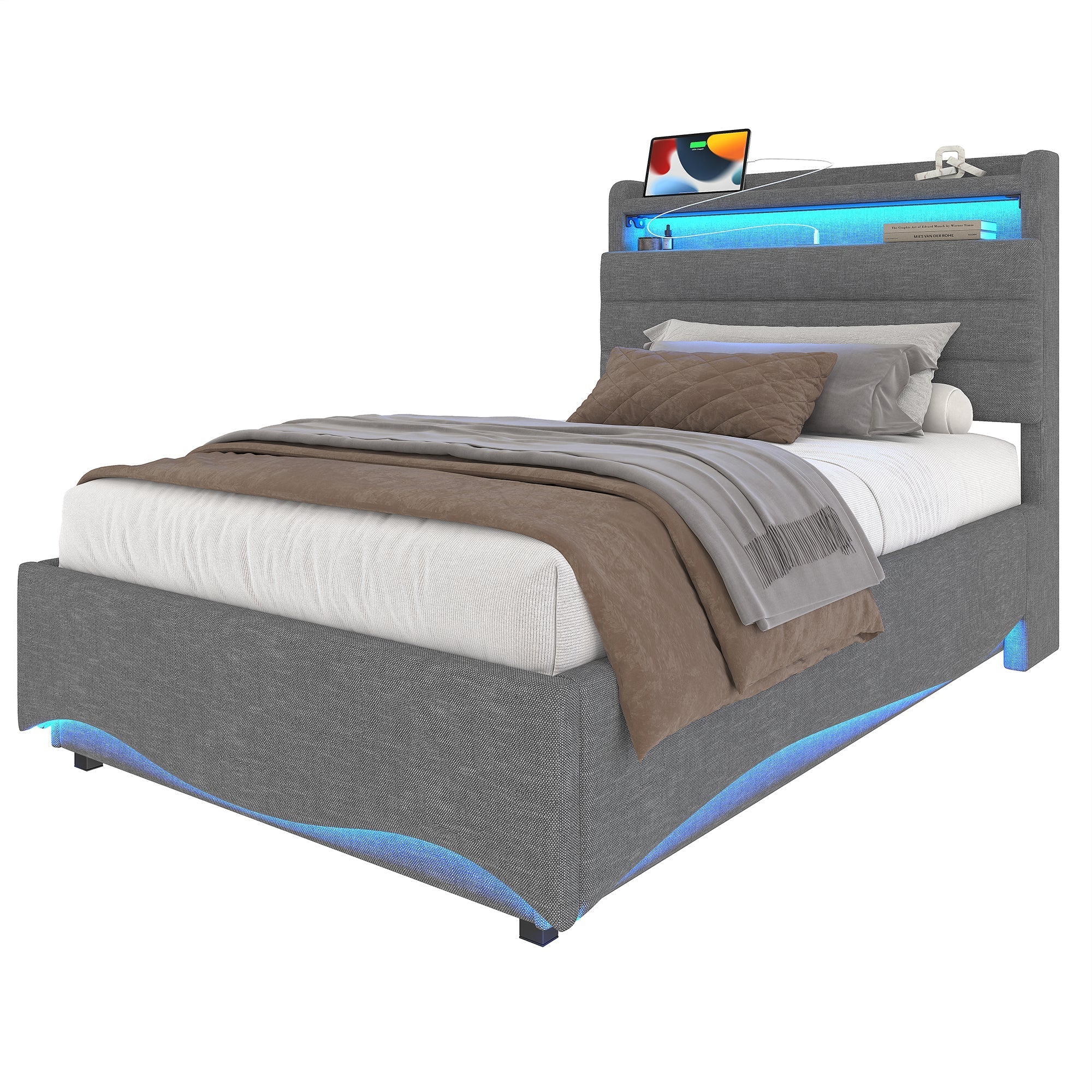 Upholstered Bed with LED Lighting, Hydraulic Storage and USB Ports, Grey Linen Fabric