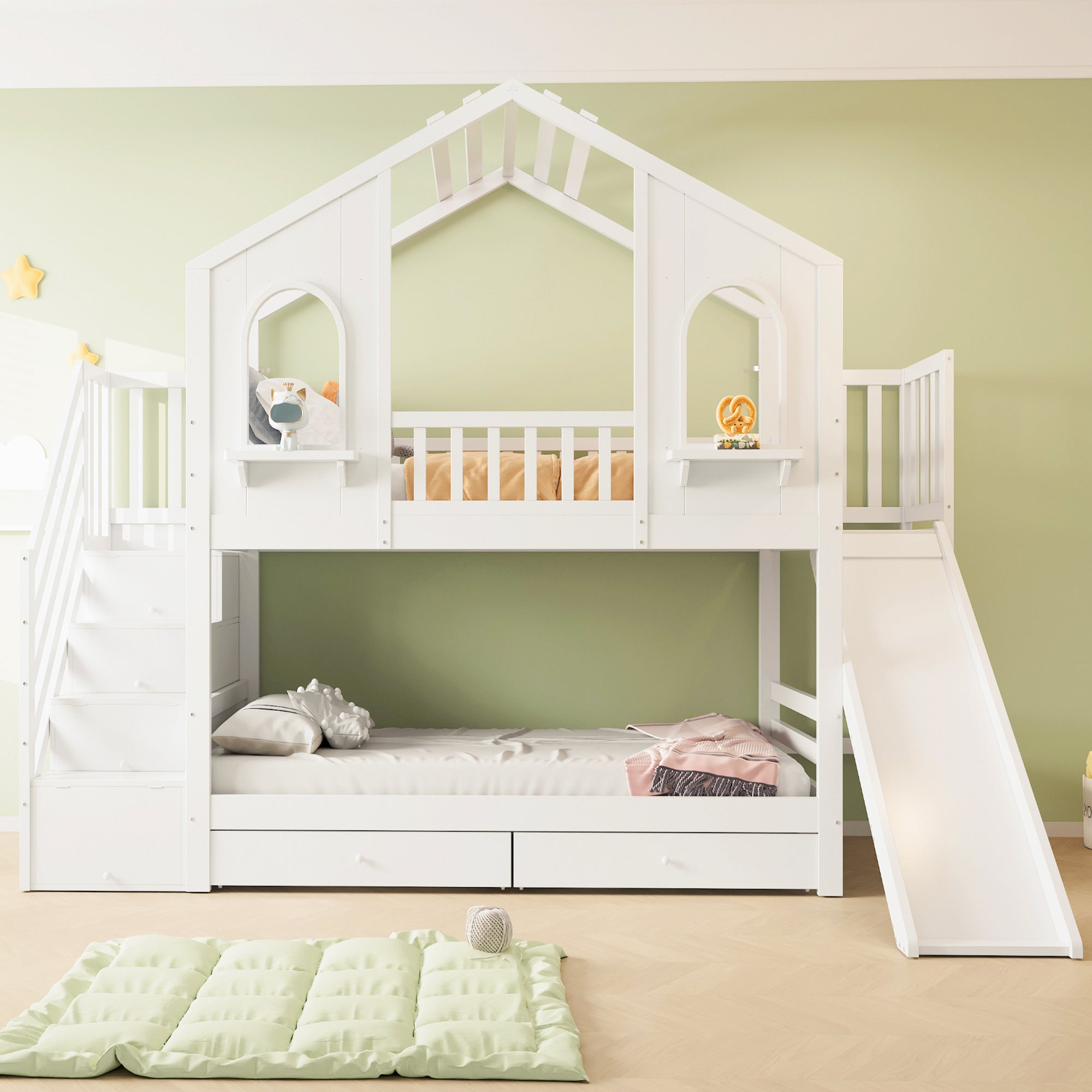 Children's Bunk Bed House-Shaped with Slide & Storage, 90x200cm, White