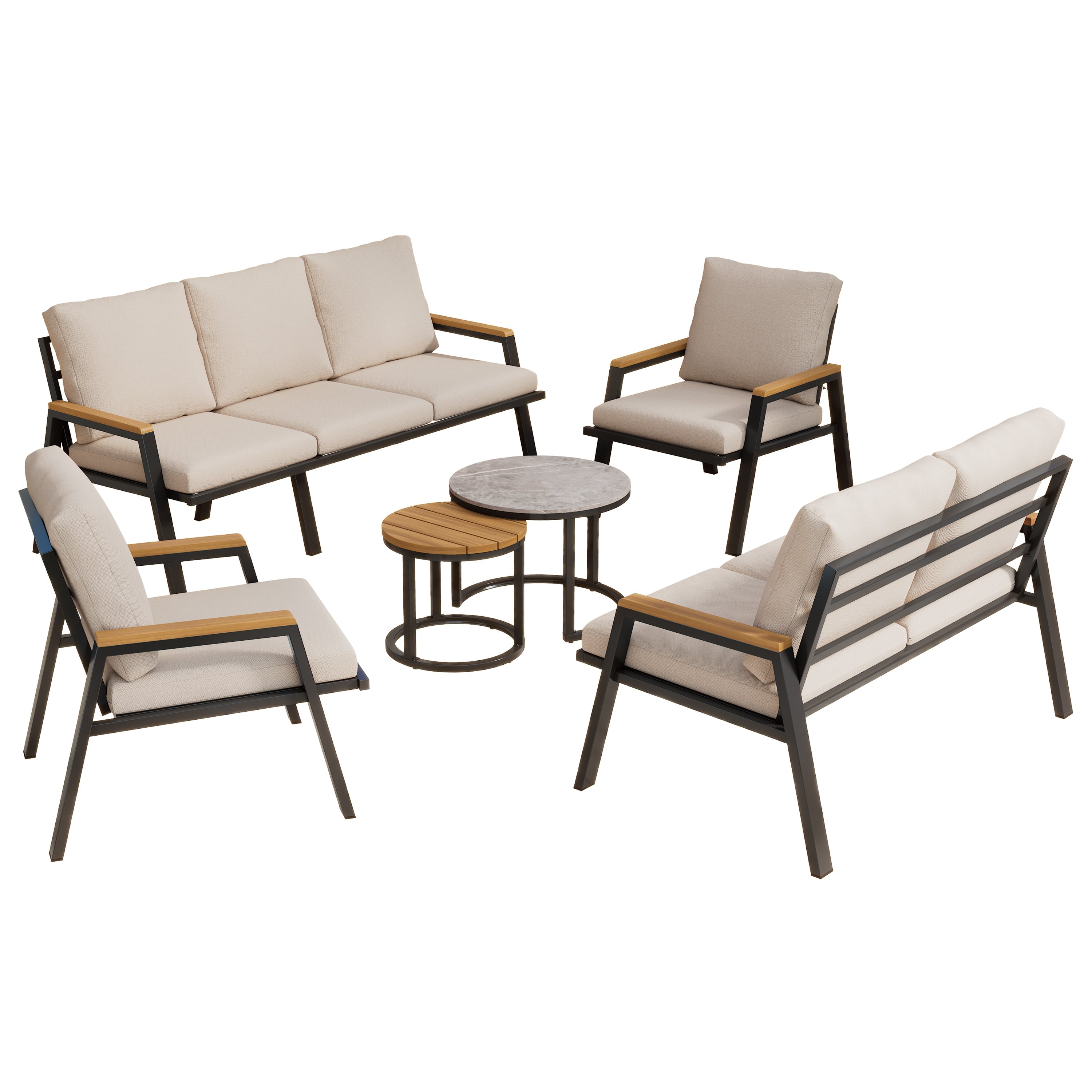 Garden Lounge Set with 3-Seater Sofa, 2-Seater Sofa, 2 Armchairs and 2 Coffee Tables, Galvanized Steel, Grey-Beige