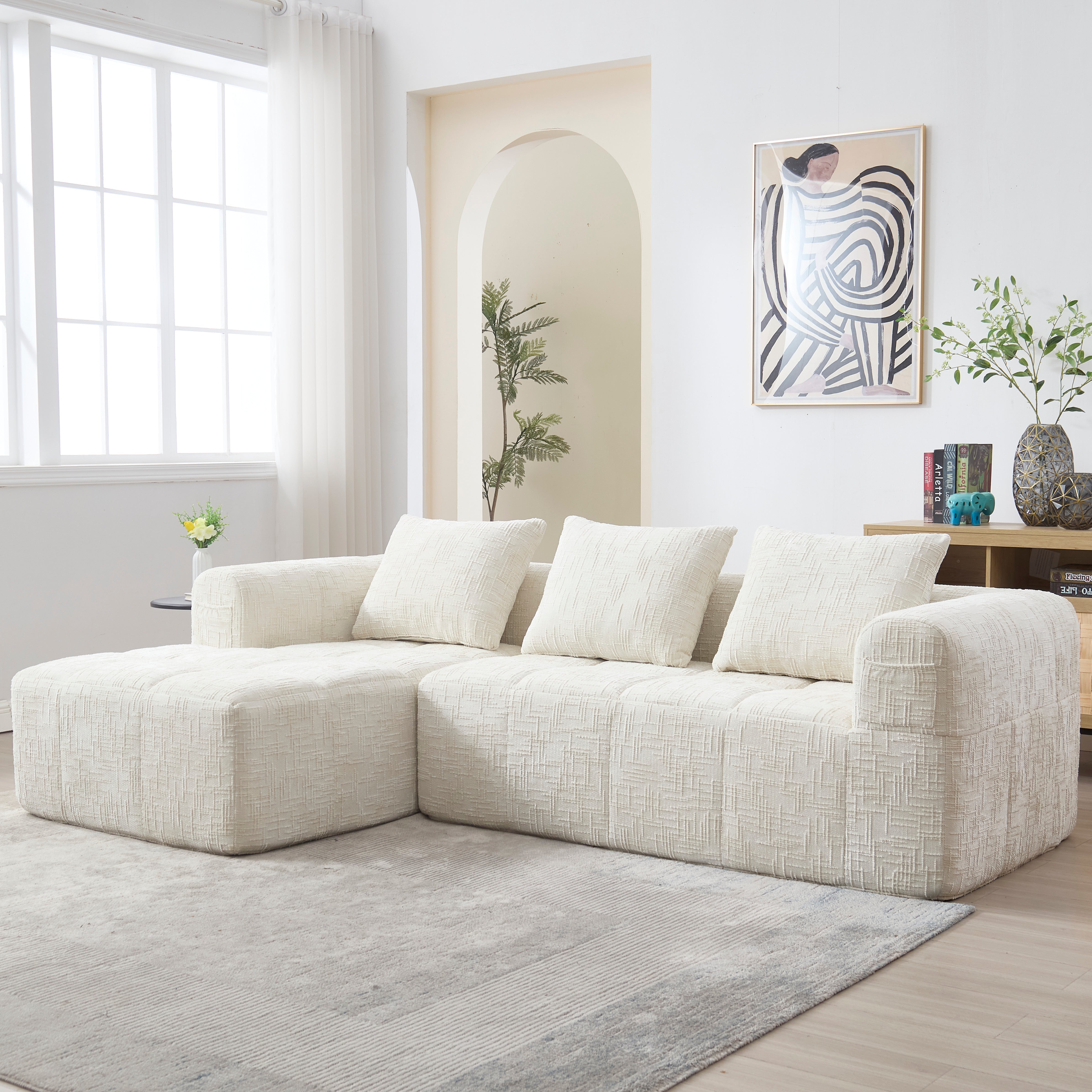 Modern Sectional Sofa, L-Shaped 3-Seater Chaise, No Assembly Chenille Beige