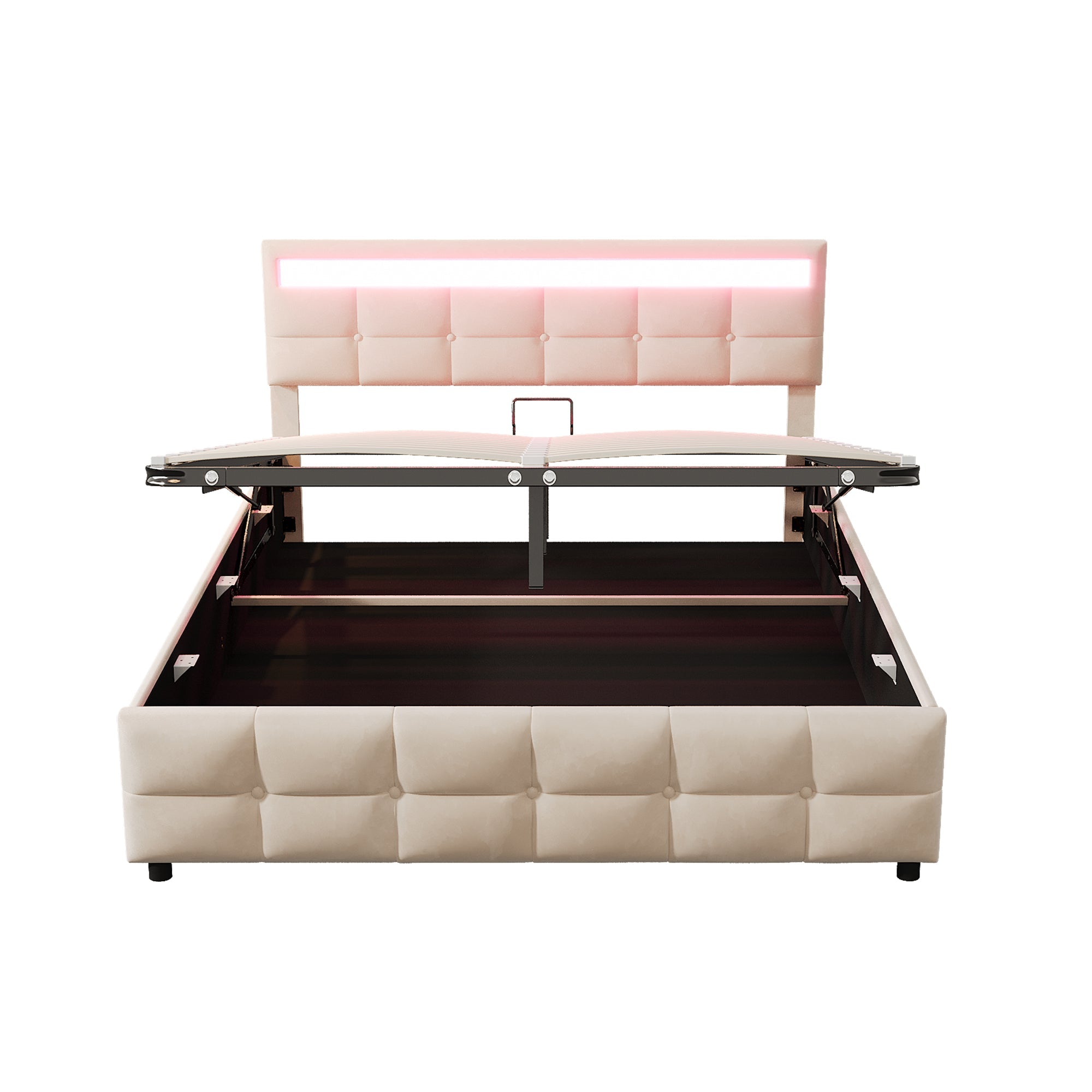 Upholstered Bed 180x200cm LED Hydraulic Slatted Frame, Dutch Velvet Beige